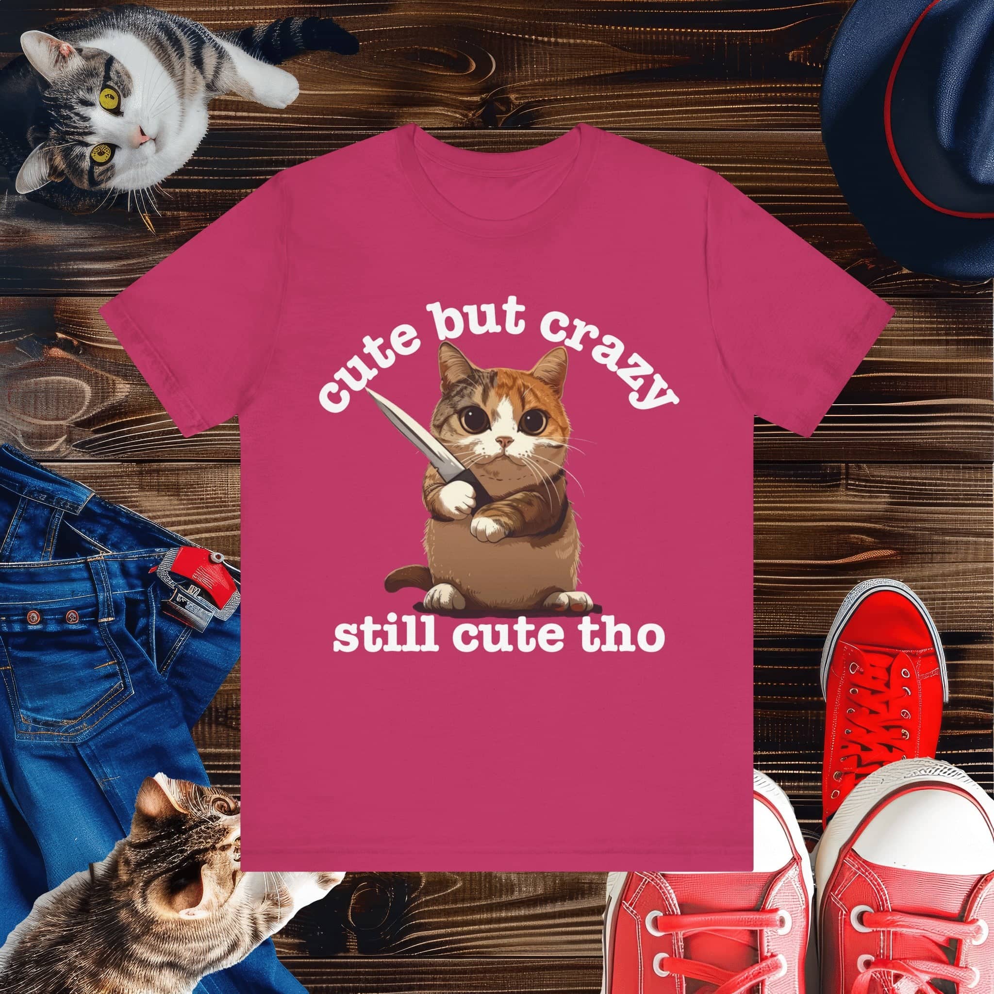 Funny Cat T-Shirt - 'Cute but Crazy, Still Cute Tho' - Whimsical Cat Lover Tee - Perfect Gift for Pet Owners