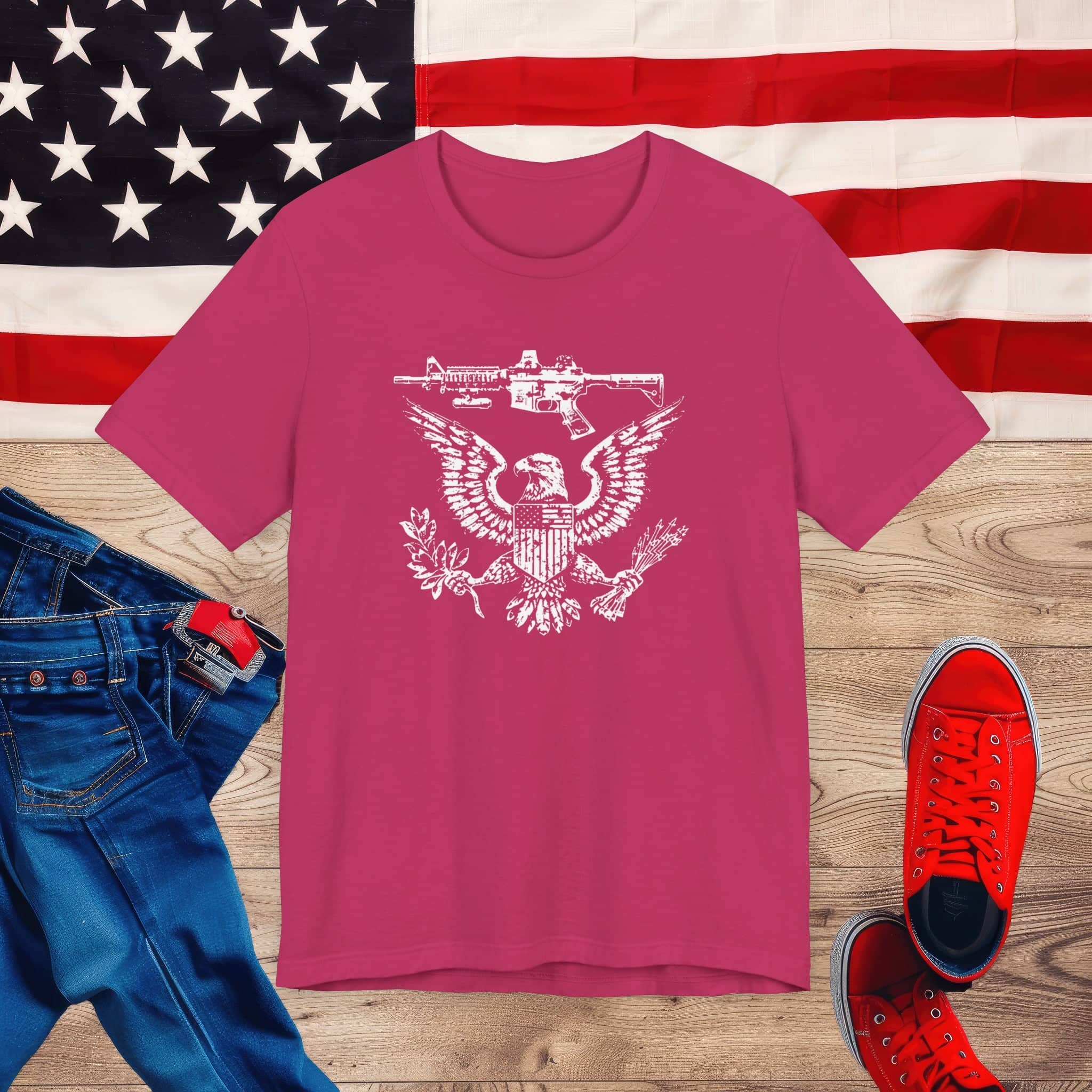 Patriotic Eagle and Rifle T-Shirt, American Flag Inspired Military Graphic Tee, Bold Eagle & Rifle Design, Proud USA Themed Apparel Unisex Jersey Short Sleeve Tee