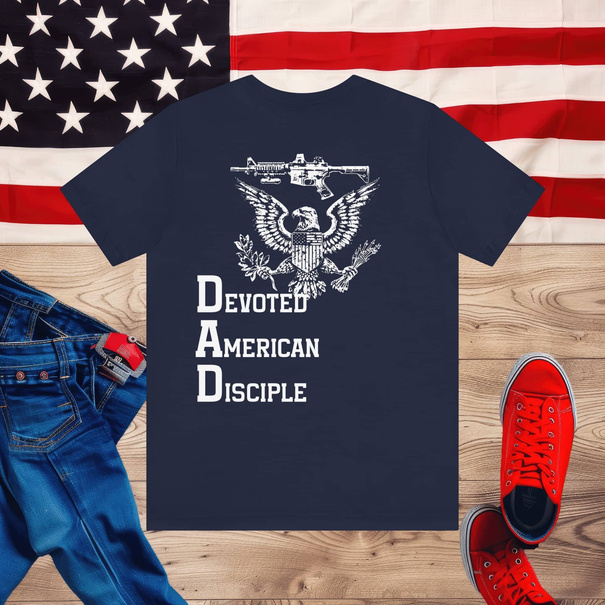 Devoted American Disciple T-Shirt (Back Design), Patriotic Eagle & Rifle Graphic Tee, Bold USA Supporter Shirt, American Pride Military Apparel