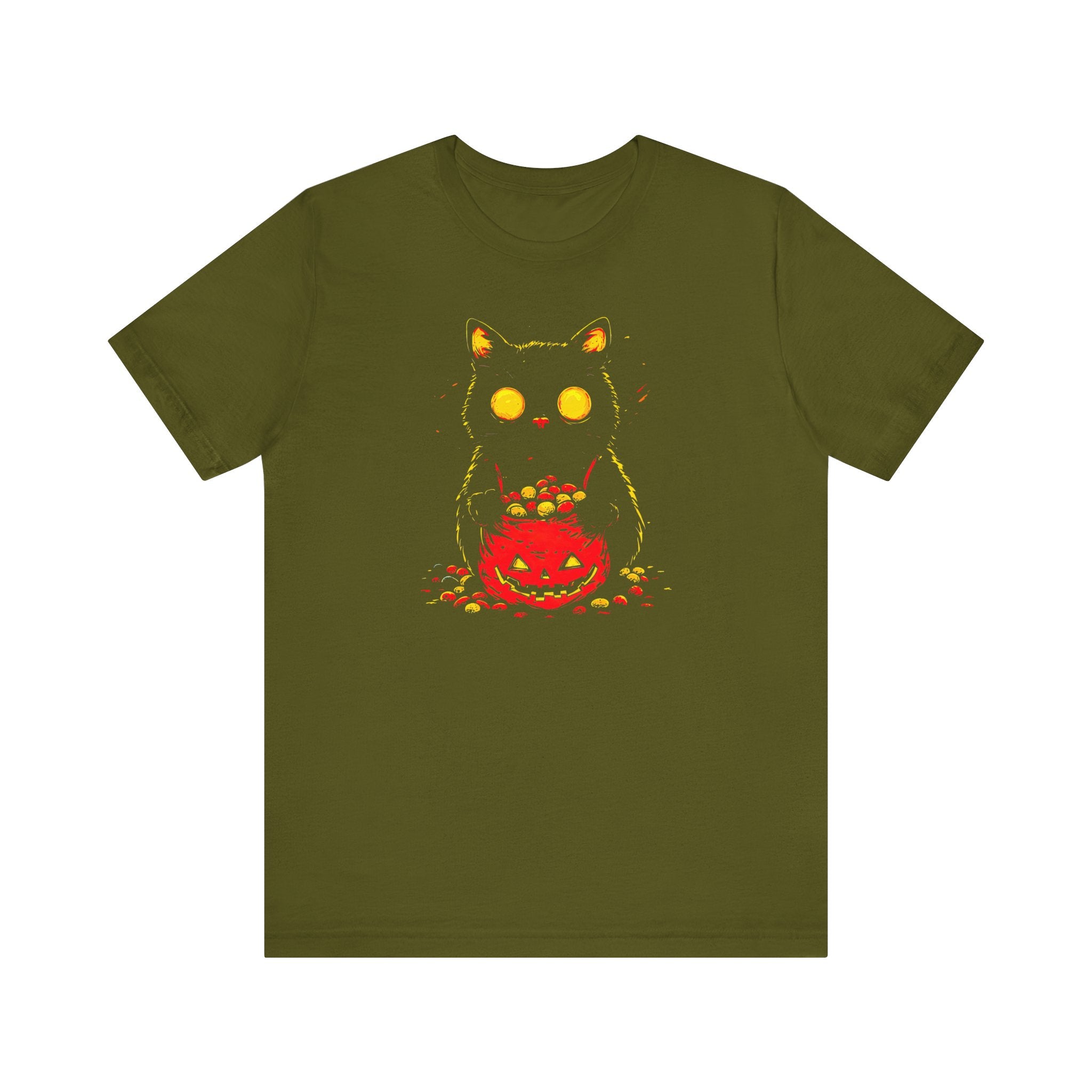 Halloween Black Cat Graphic Tee – Spooky Pumpkin Candy Design Shirt