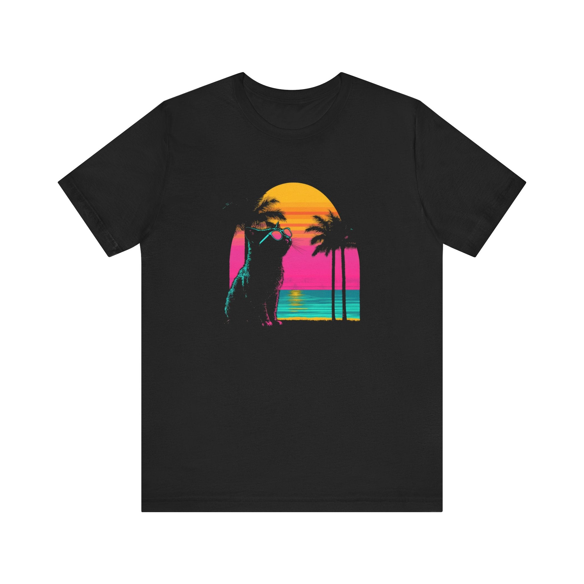 Retro Sunset Cat T-Shirt - Neon Summer Vibes Graphic Tee