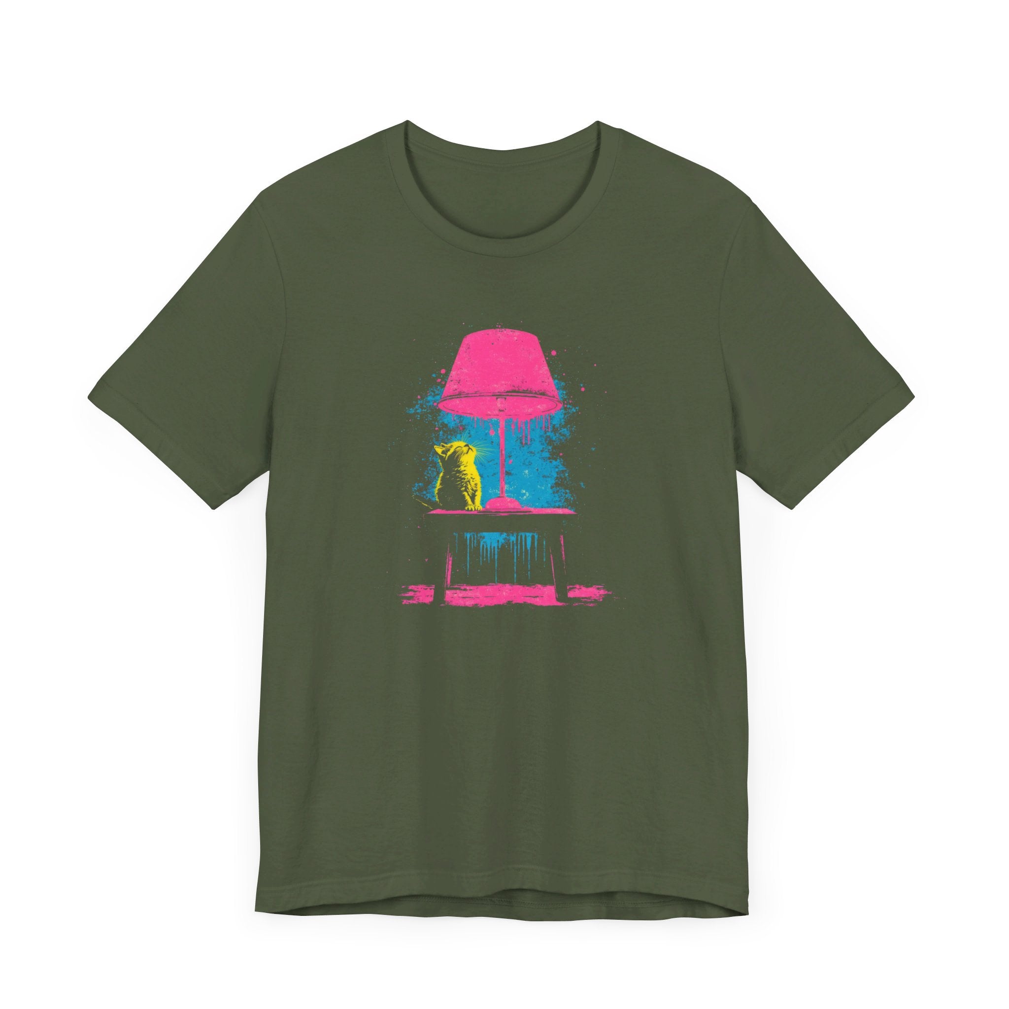 Retro Neon Cat and Lamp T-Shirt - Vibrant Pop Art Style Graphic Tee