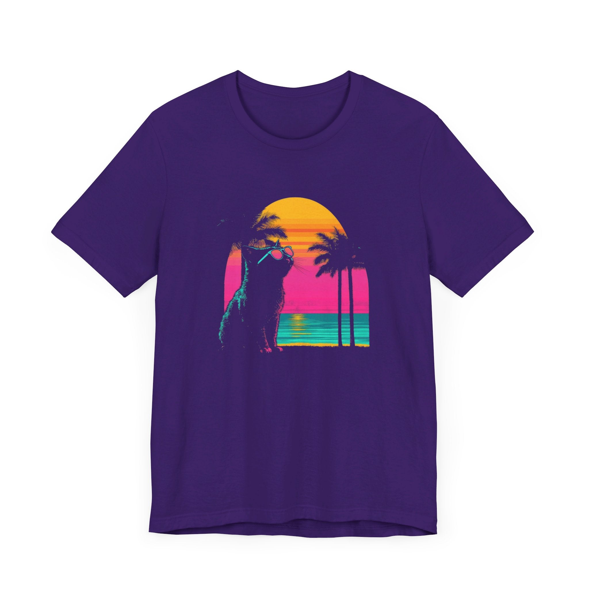 Retro Sunset Cat T-Shirt - Neon Summer Vibes Graphic Tee