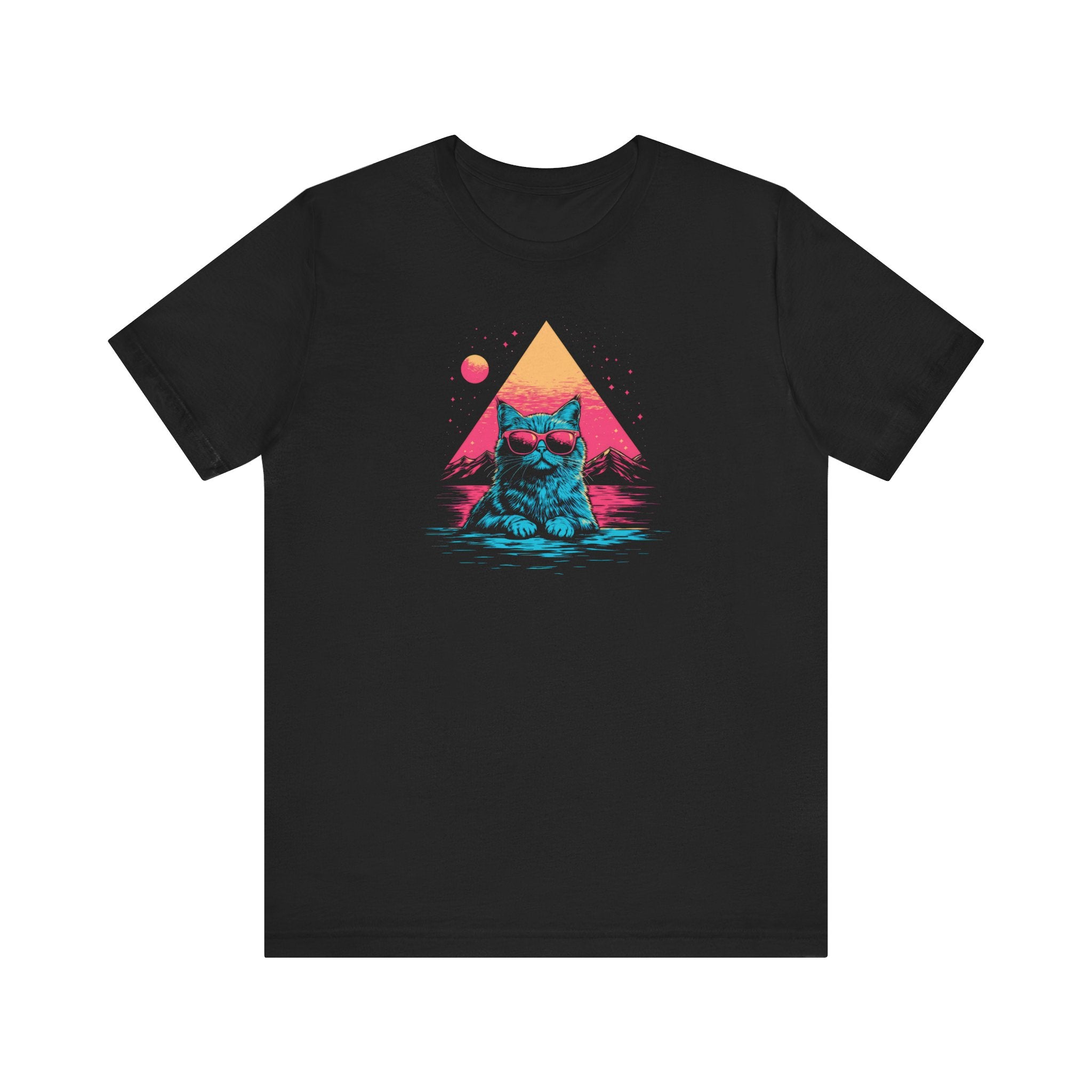 Retro Sunset Cat Graphic Tee – Cool Neon Vibes Cat Lover Shirt