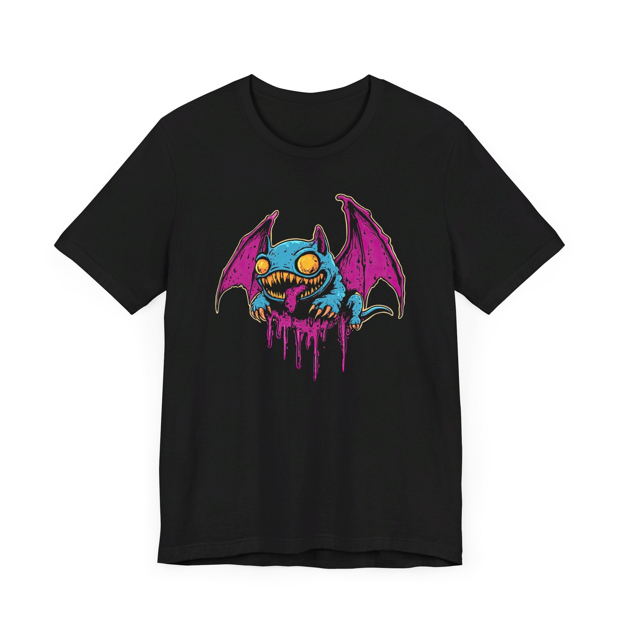 Dripping Neon Bat Creature T-Shirt Vibrant Fantasy Monster Graphic Tee