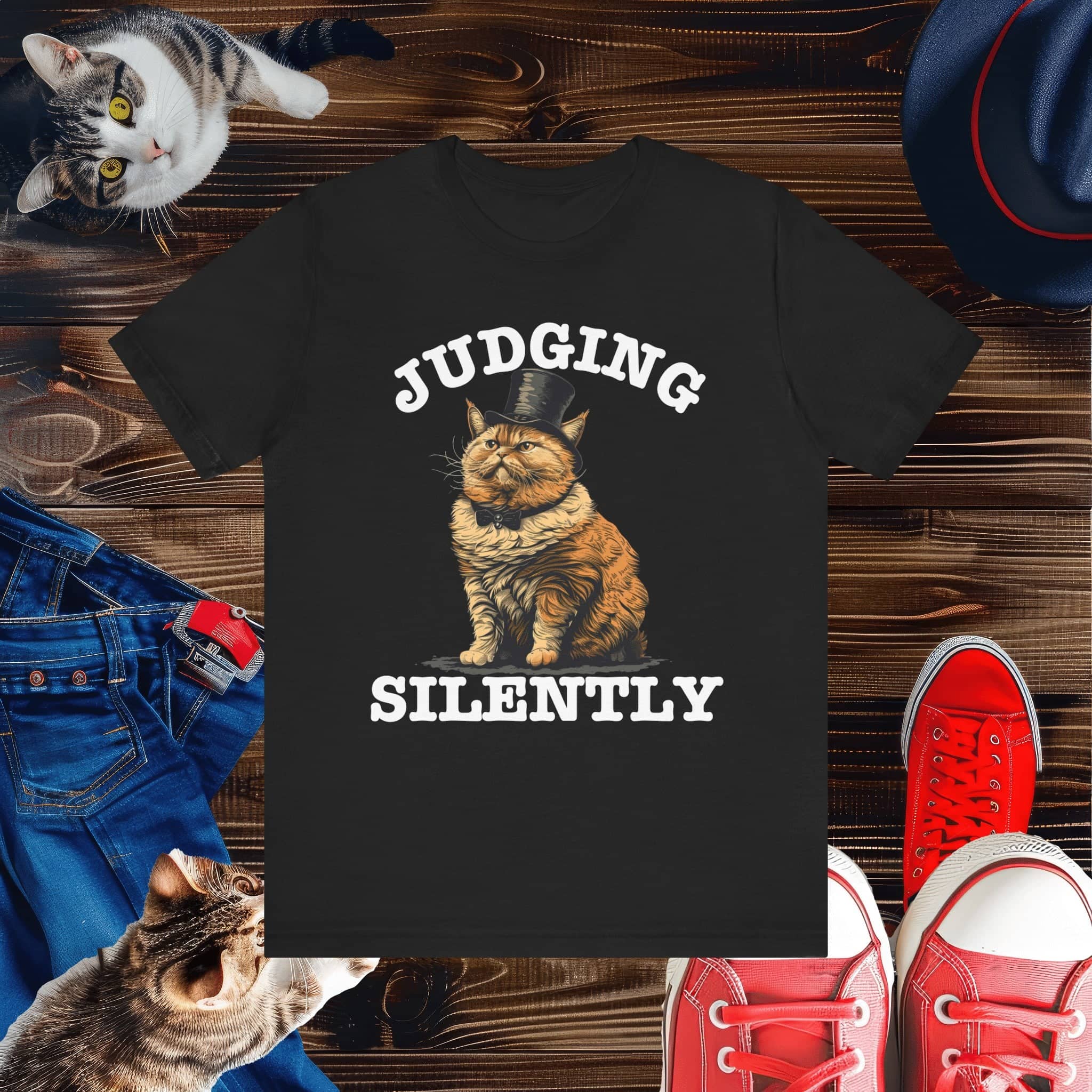 Judging Silently Cat T-Shirt, Whimsical Top Hat Cat Graphic Tee, Humorous Cat Lover Shirt, Unique Gift for Cat Enthusiasts