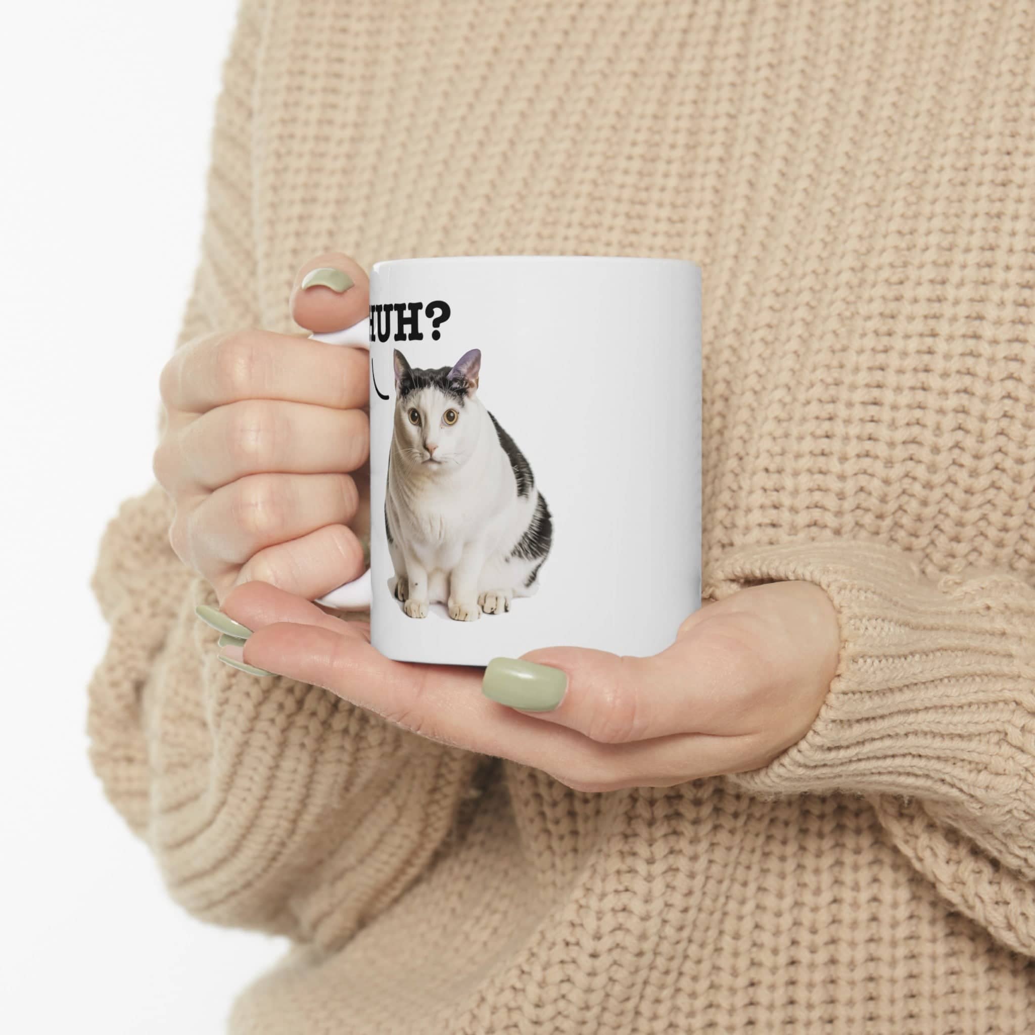 Cute Cat 'Huh?' Meme Coffee Mug - Original Art, Funny Cat Expression Mug, Perfect Gift for Cat Lovers Ceramic Mug, (11oz, 15oz)