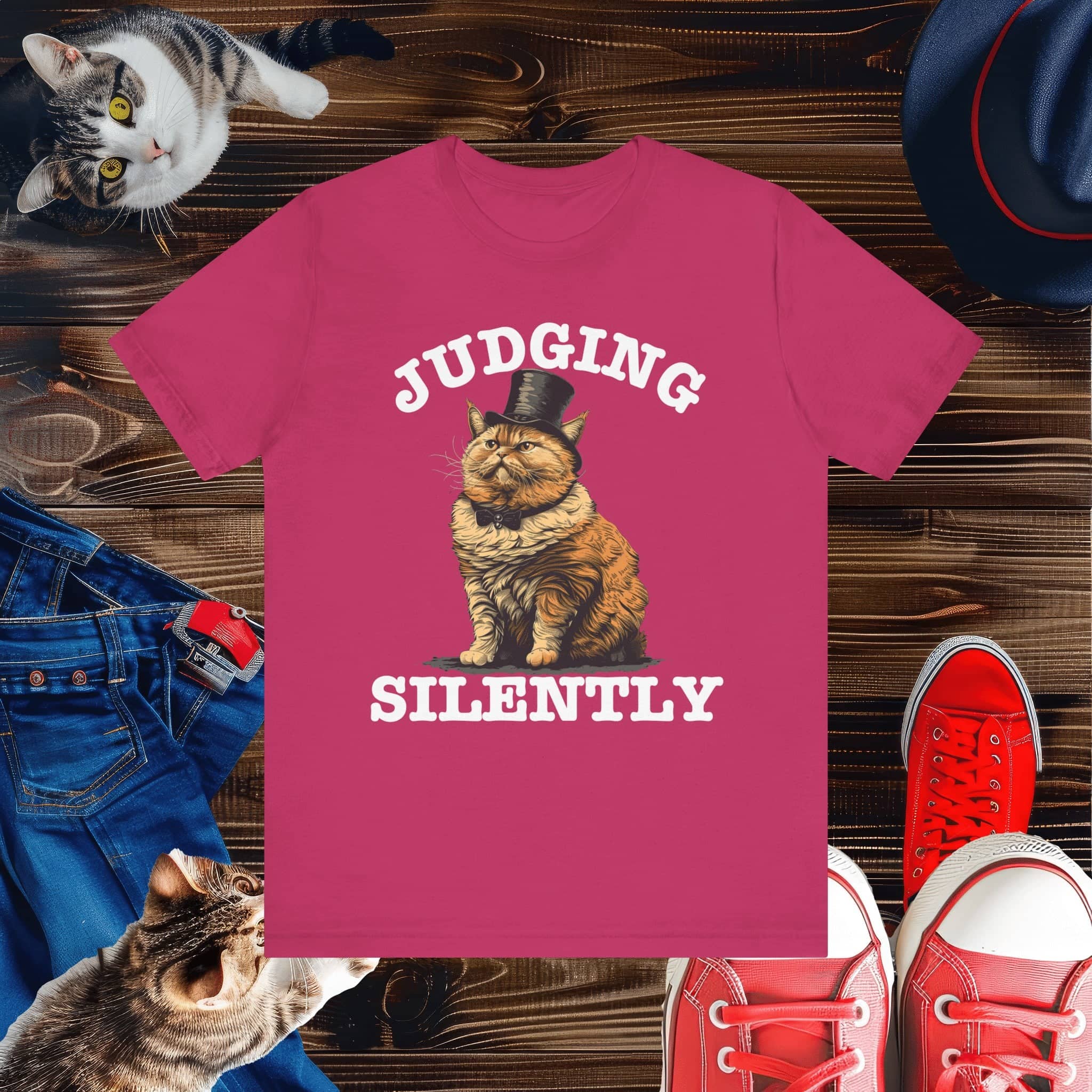 Judging Silently Cat T-Shirt, Whimsical Top Hat Cat Graphic Tee, Humorous Cat Lover Shirt, Unique Gift for Cat Enthusiasts