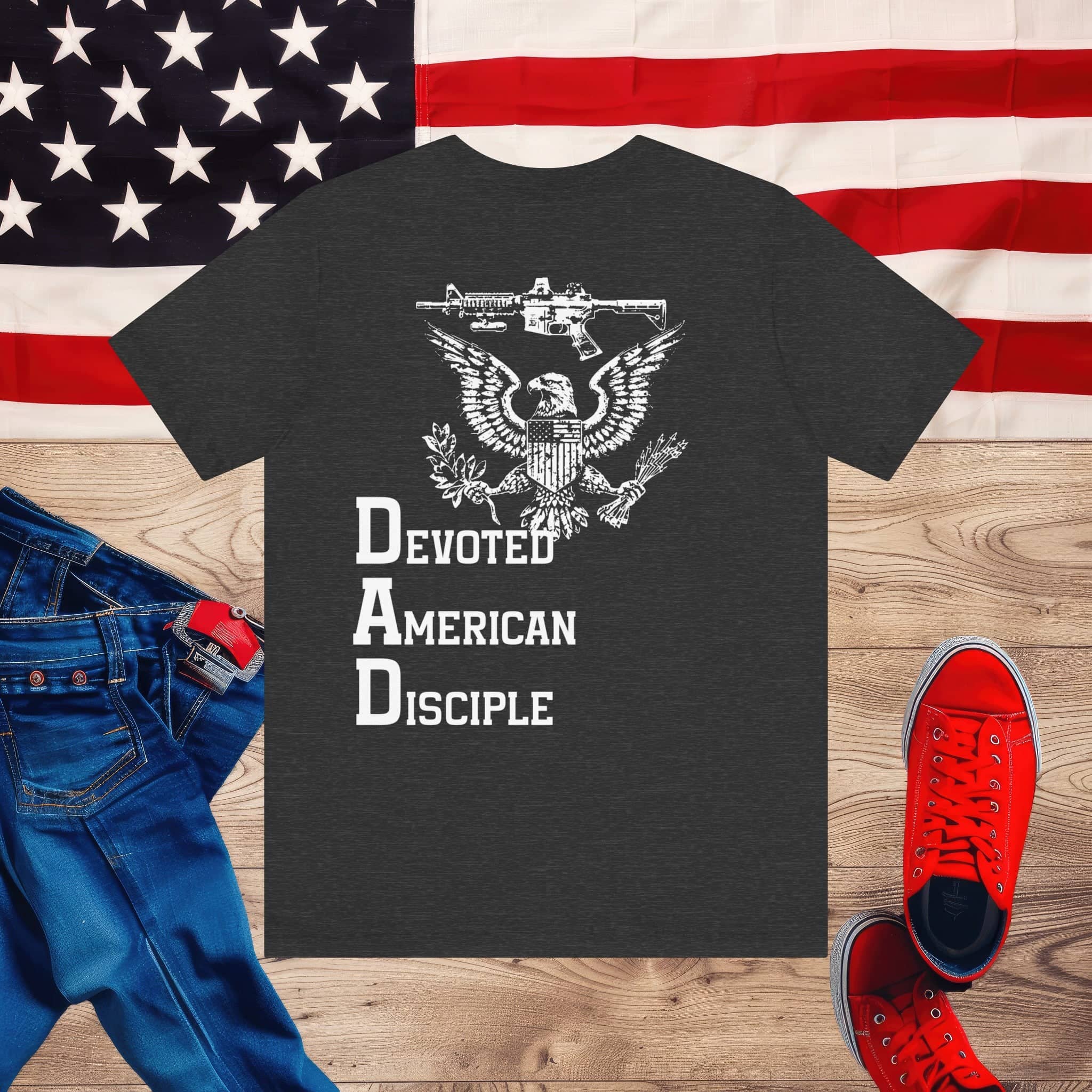 Devoted American Disciple T-Shirt (Back Design), Patriotic Eagle & Rifle Graphic Tee, Bold USA Supporter Shirt, American Pride Military Apparel