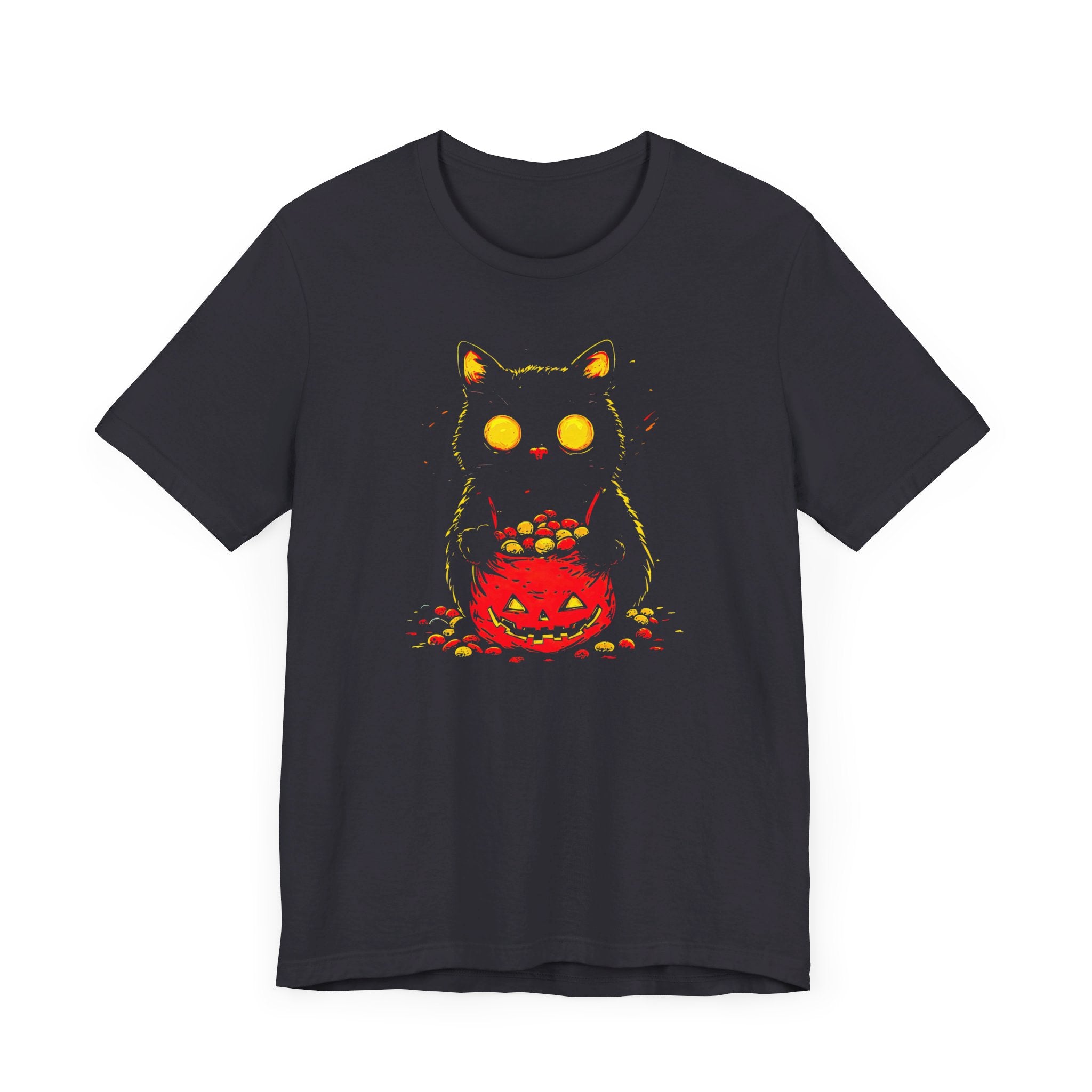 Halloween Black Cat Graphic Tee – Spooky Pumpkin Candy Design Shirt