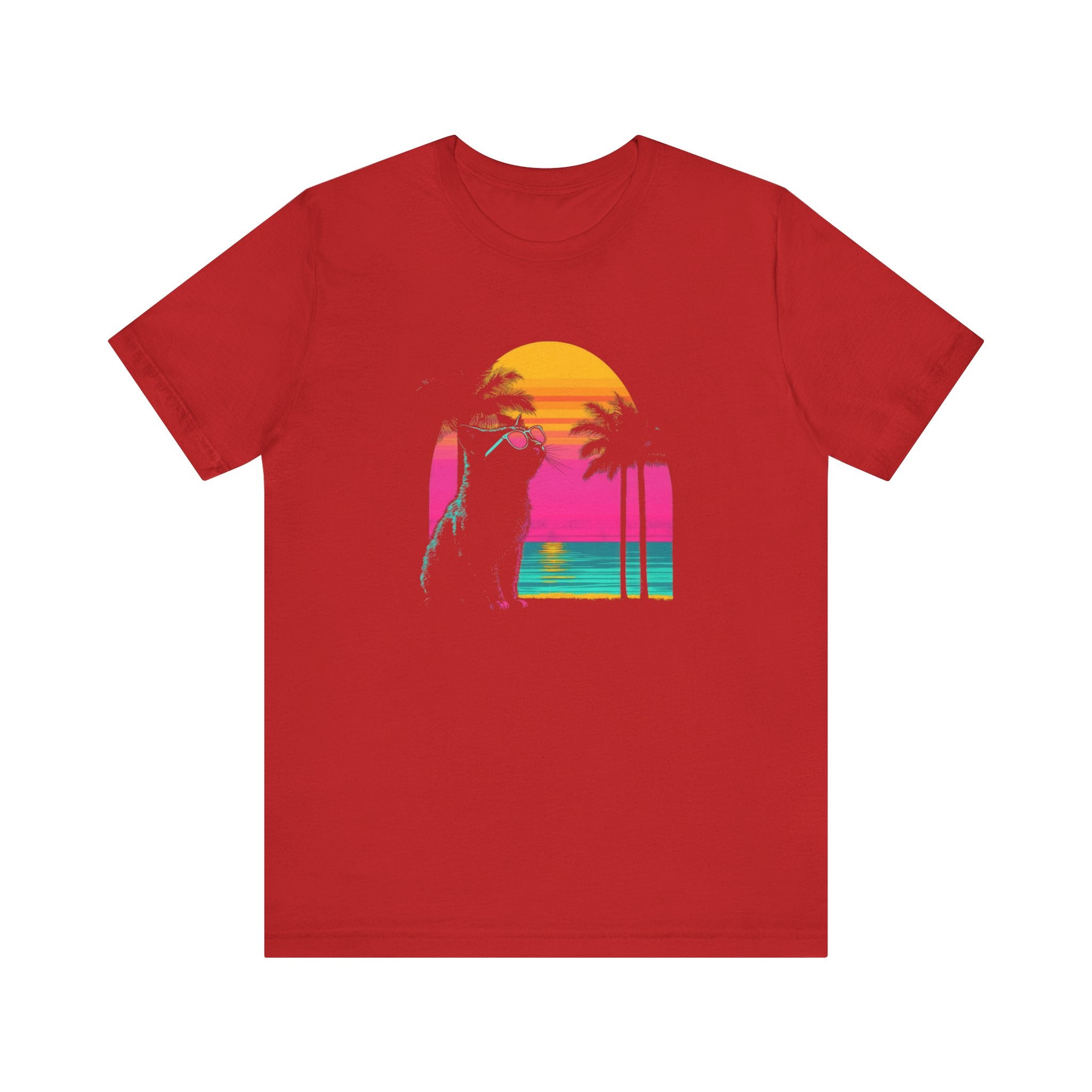 Retro Sunset Cat T-Shirt - Neon Summer Vibes Graphic Tee