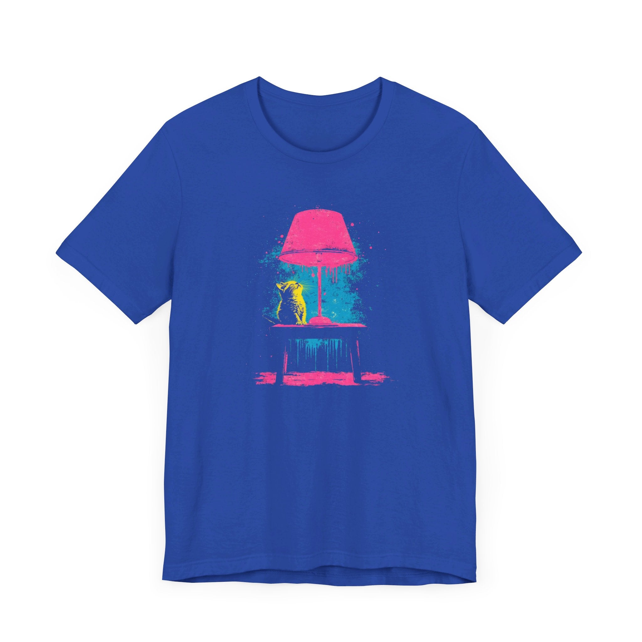 Retro Neon Cat and Lamp T-Shirt - Vibrant Pop Art Style Graphic Tee