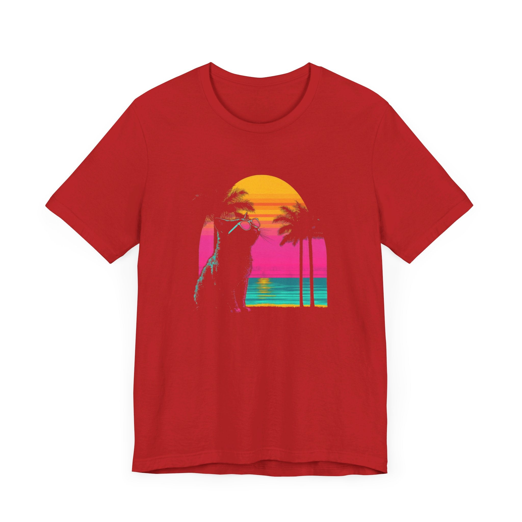 Retro Sunset Cat T-Shirt - Neon Summer Vibes Graphic Tee