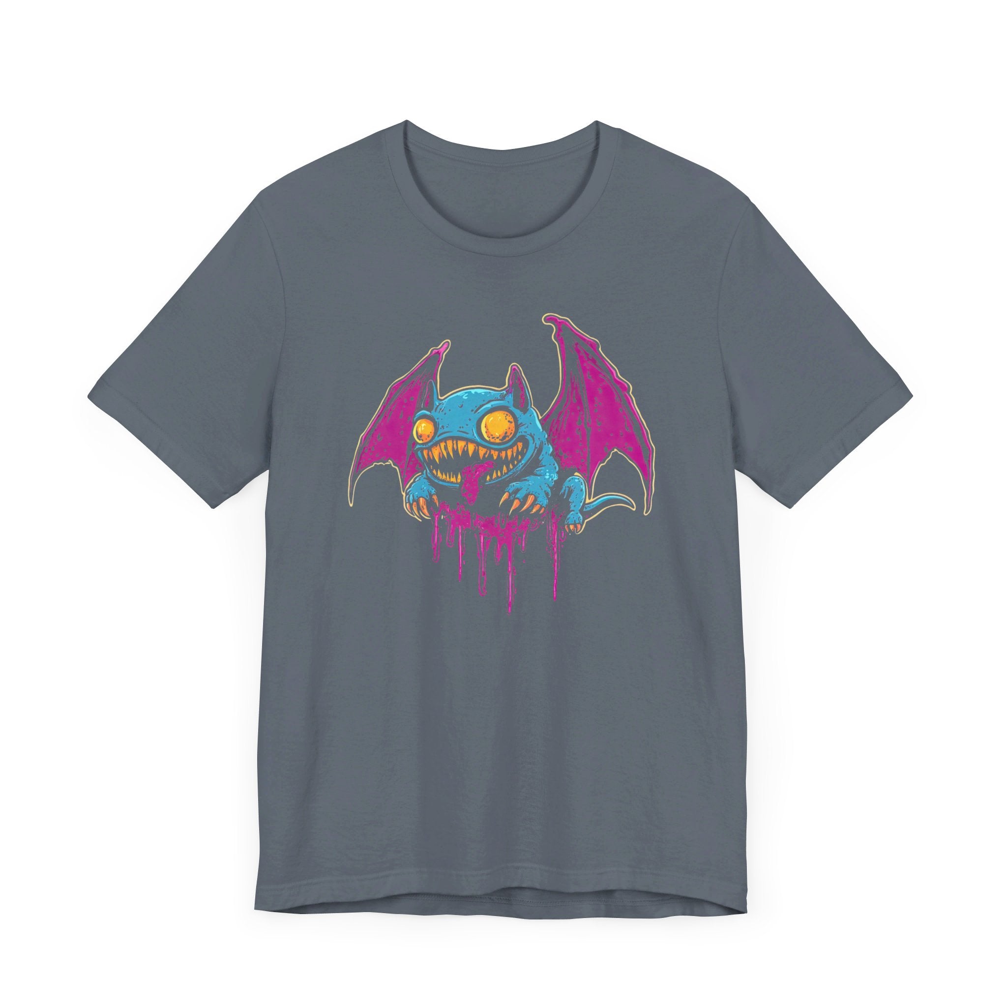 Dripping Neon Bat Creature T-Shirt Vibrant Fantasy Monster Graphic Tee