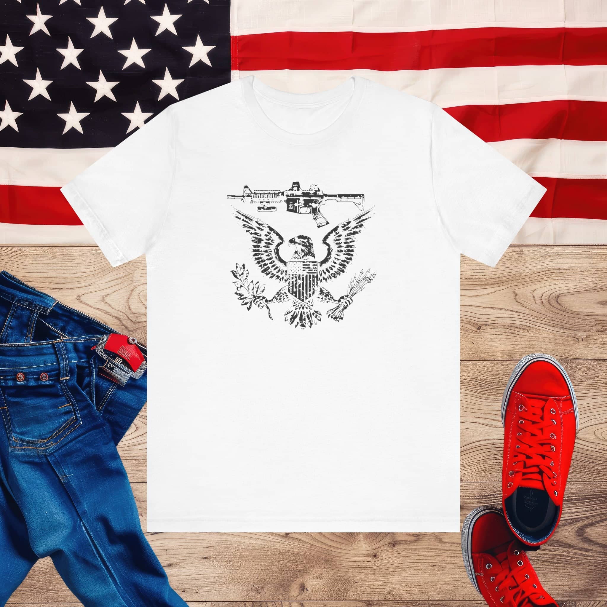 Patriotic Eagle and Rifle T-Shirt, American Flag Inspired Military Graphic Tee, Bold Eagle & Rifle Design, Proud USA Themed Apparel Unisex Jersey Short Sleeve Tee