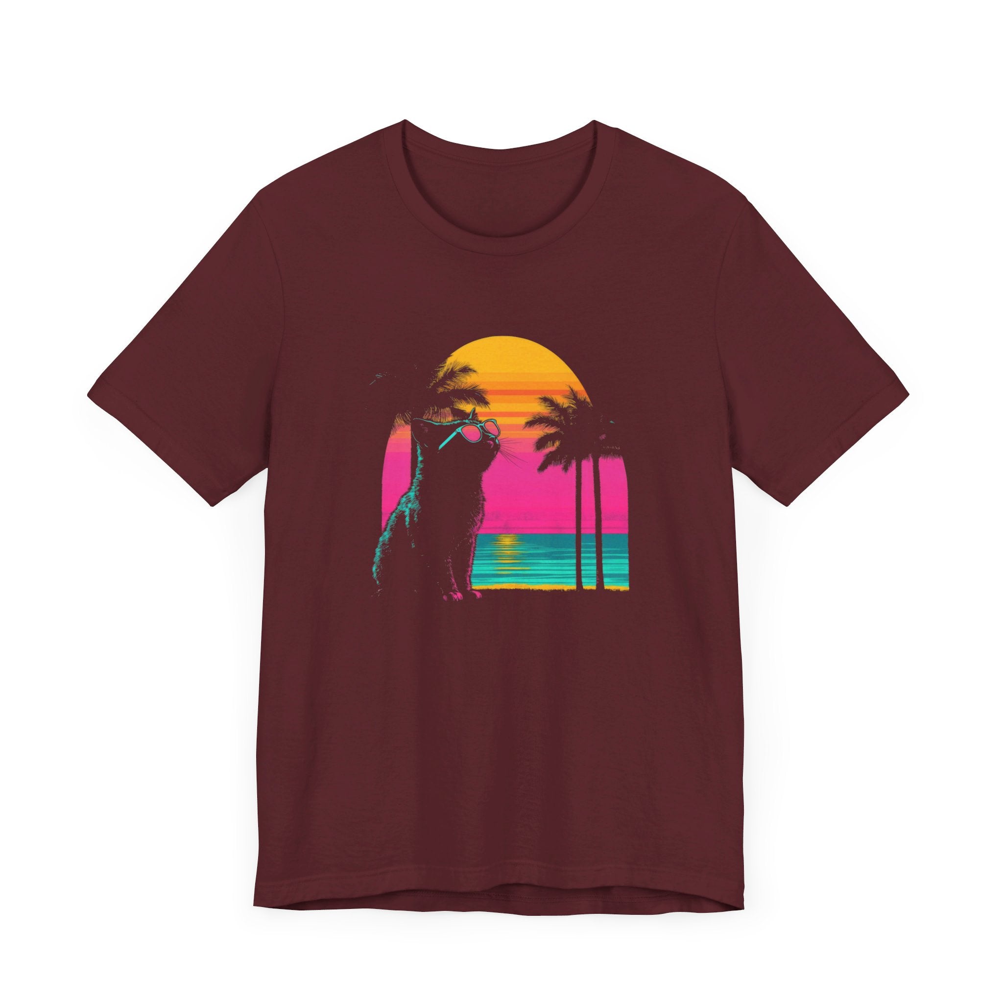 Retro Sunset Cat T-Shirt - Neon Summer Vibes Graphic Tee