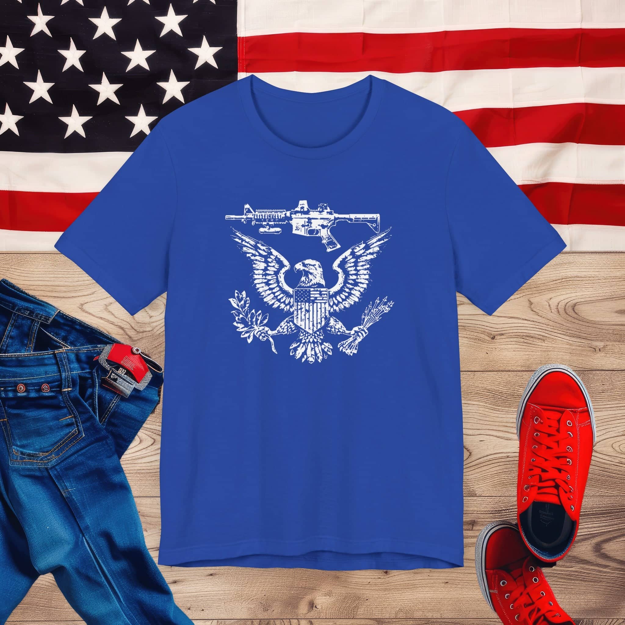 Patriotic Eagle and Rifle T-Shirt, American Flag Inspired Military Graphic Tee, Bold Eagle & Rifle Design, Proud USA Themed Apparel Unisex Jersey Short Sleeve Tee