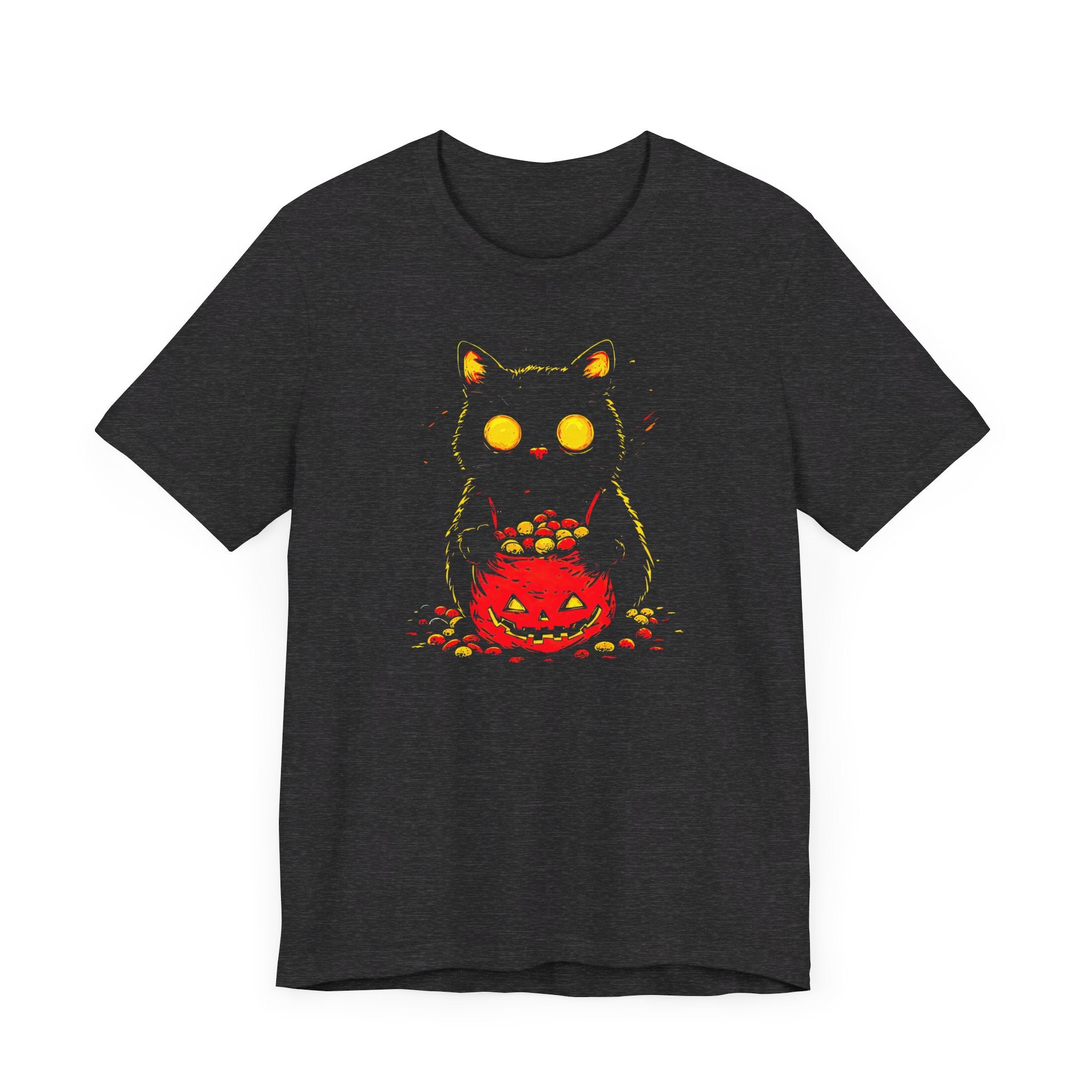 Halloween Black Cat Graphic Tee – Spooky Pumpkin Candy Design Shirt