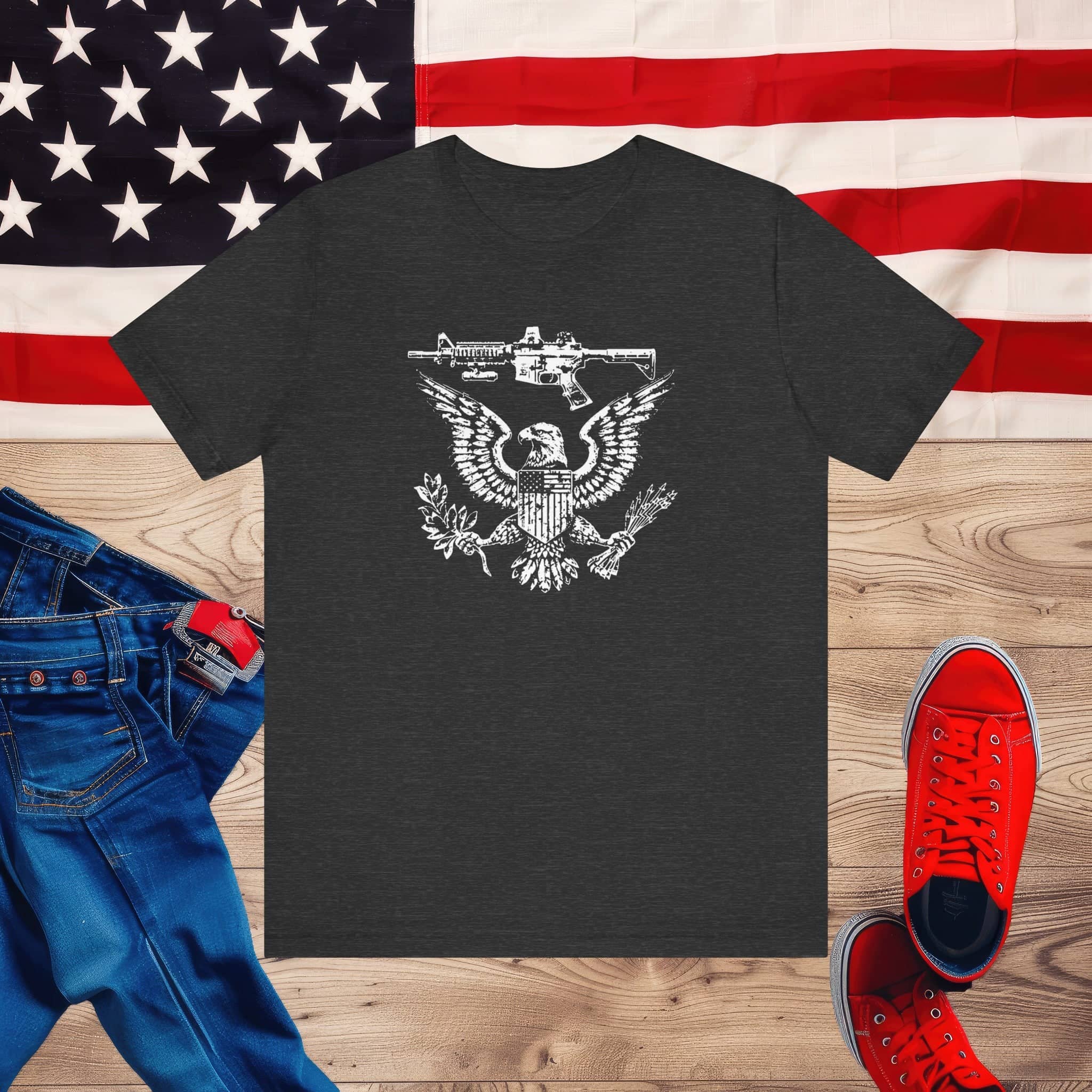Patriotic Eagle and Rifle T-Shirt, American Flag Inspired Military Graphic Tee, Bold Eagle & Rifle Design, Proud USA Themed Apparel Unisex Jersey Short Sleeve Tee