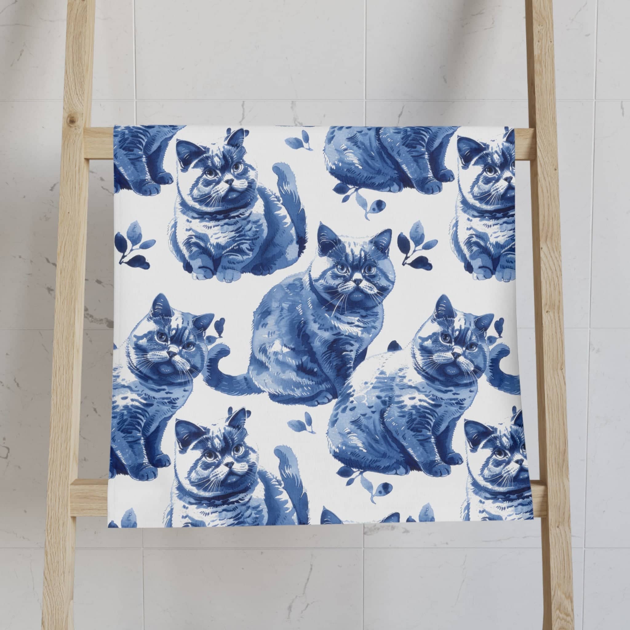 Blue Cat Pattern Hand Towel Adorable Feline Design