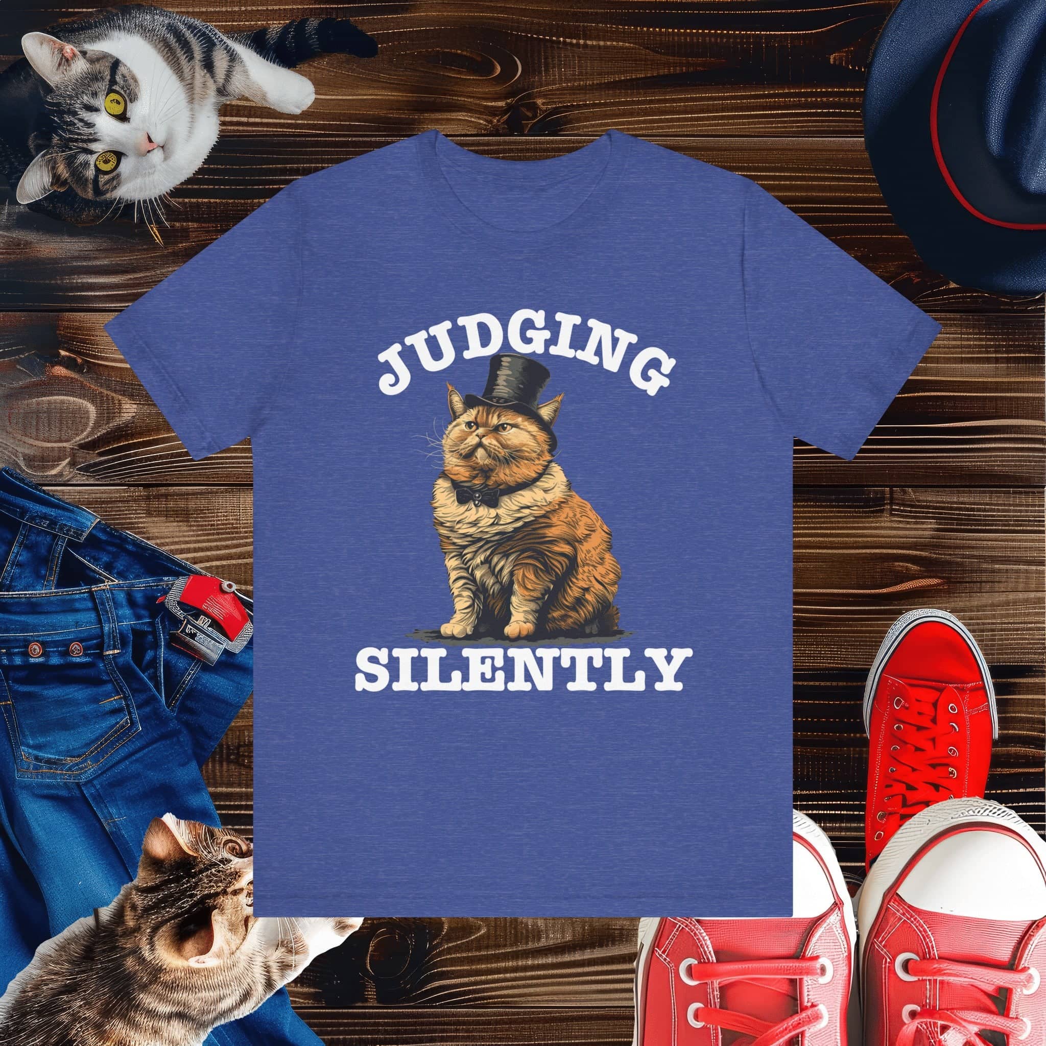 Judging Silently Cat T-Shirt, Whimsical Top Hat Cat Graphic Tee, Humorous Cat Lover Shirt, Unique Gift for Cat Enthusiasts