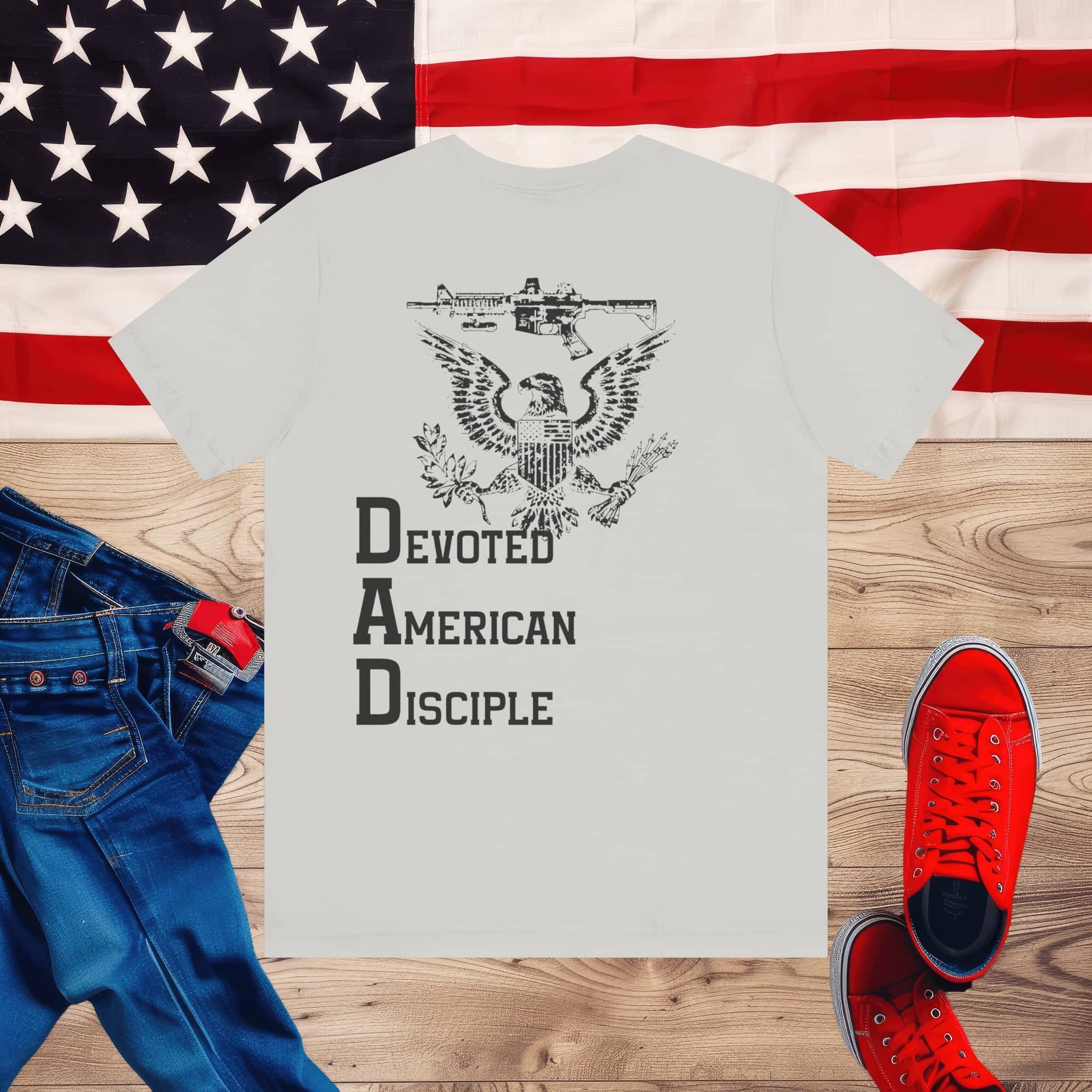 Devoted American Disciple T-Shirt (Back Design), Patriotic Eagle & Rifle Graphic Tee, Bold USA Supporter Shirt, American Pride Military Apparel