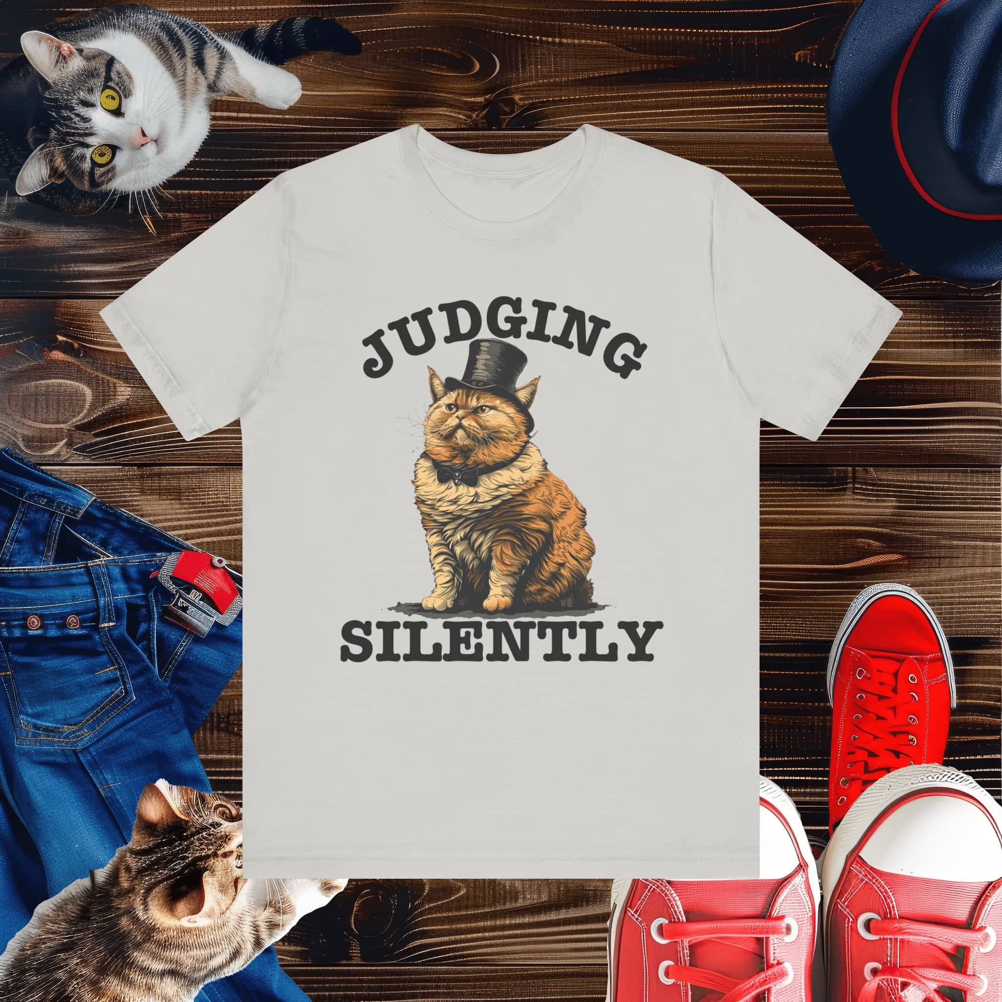 Judging Silently Cat T-Shirt, Whimsical Top Hat Cat Graphic Tee, Humorous Cat Lover Shirt, Unique Gift for Cat Enthusiasts