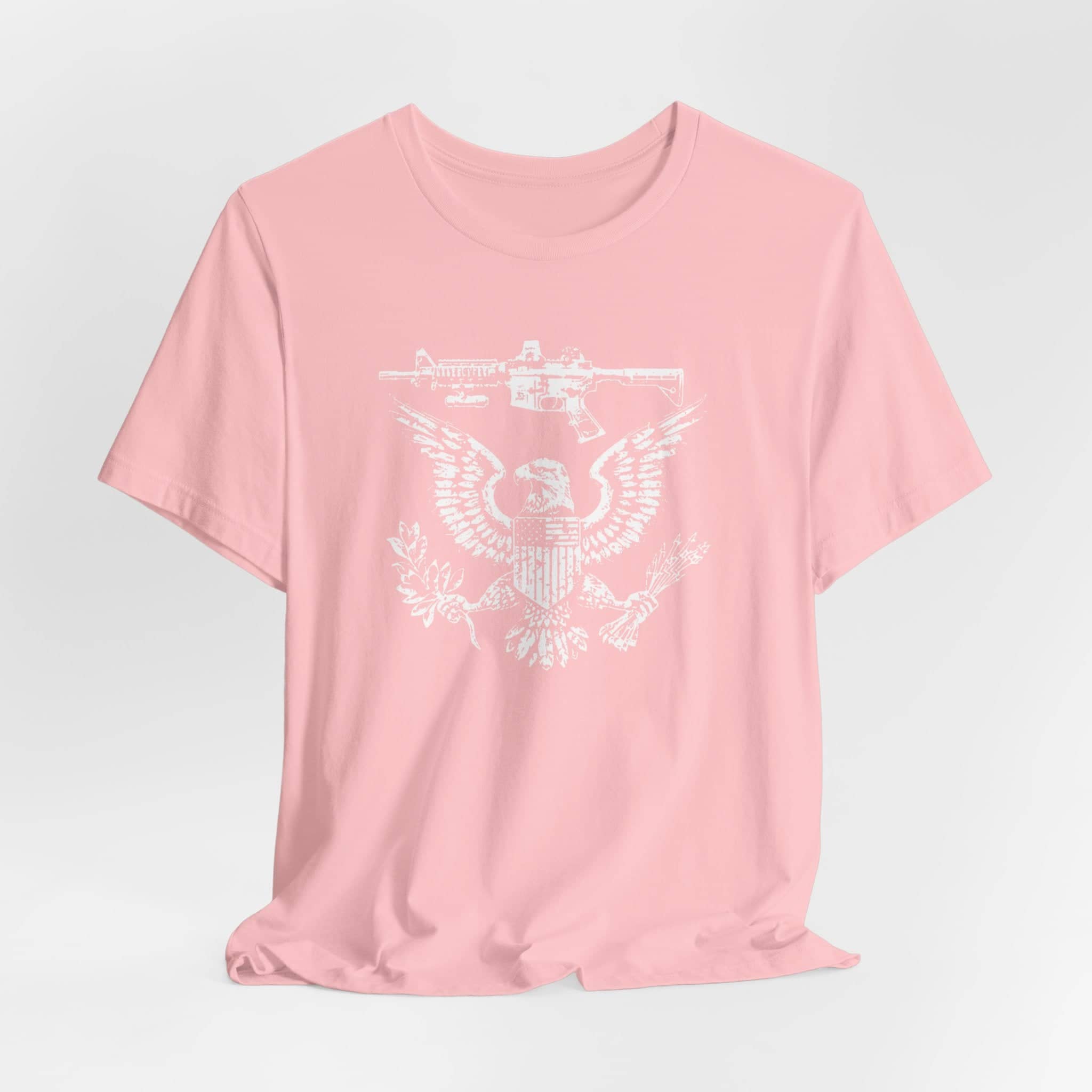 Patriotic Eagle and Rifle T-Shirt, American Flag Inspired Military Graphic Tee, Bold Eagle & Rifle Design, Proud USA Themed Apparel Unisex Jersey Short Sleeve Tee