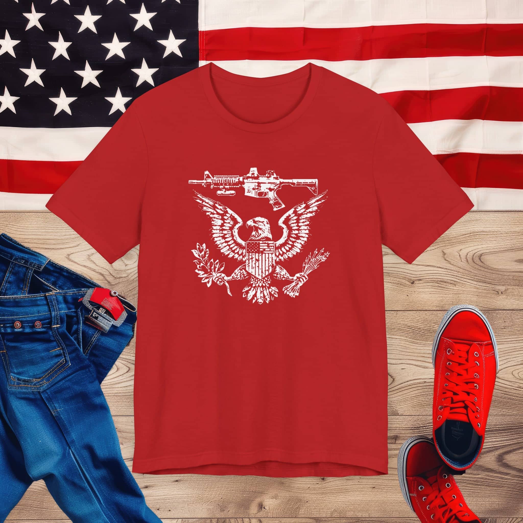 Patriotic Eagle and Rifle T-Shirt, American Flag Inspired Military Graphic Tee, Bold Eagle & Rifle Design, Proud USA Themed Apparel Unisex Jersey Short Sleeve Tee