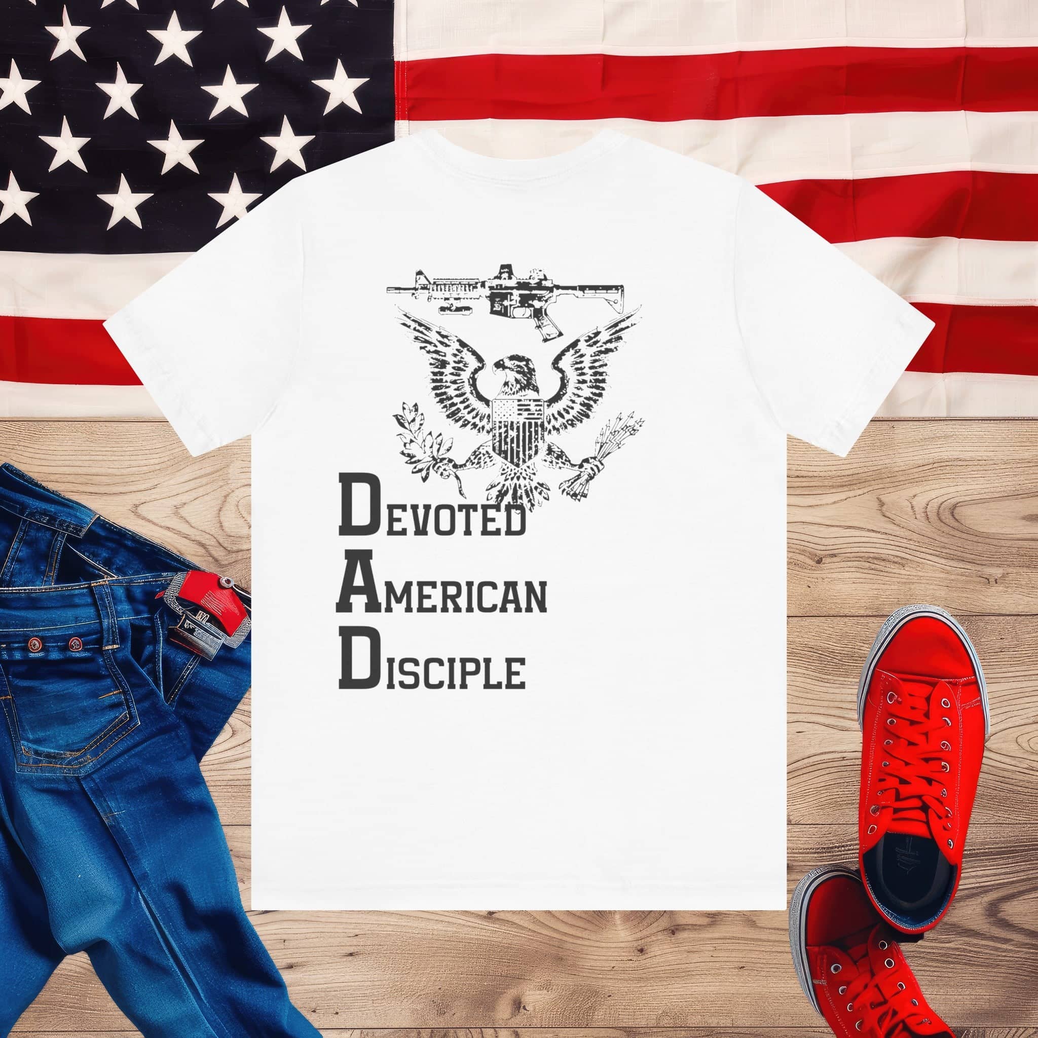 Devoted American Disciple T-Shirt (Back Design), Patriotic Eagle & Rifle Graphic Tee, Bold USA Supporter Shirt, American Pride Military Apparel