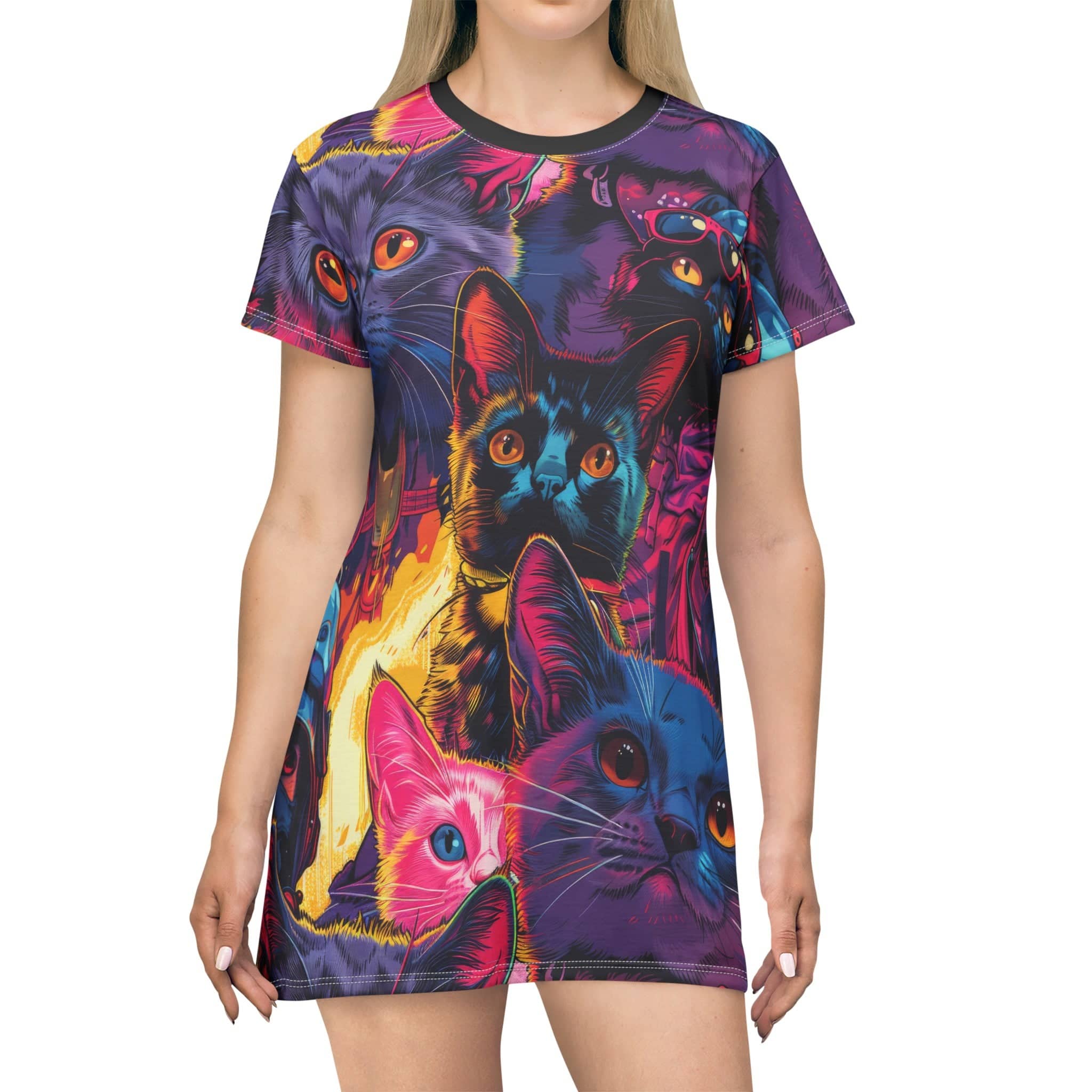 Psychedelic Feline Fantasy T-Shirt Dress (AOP)