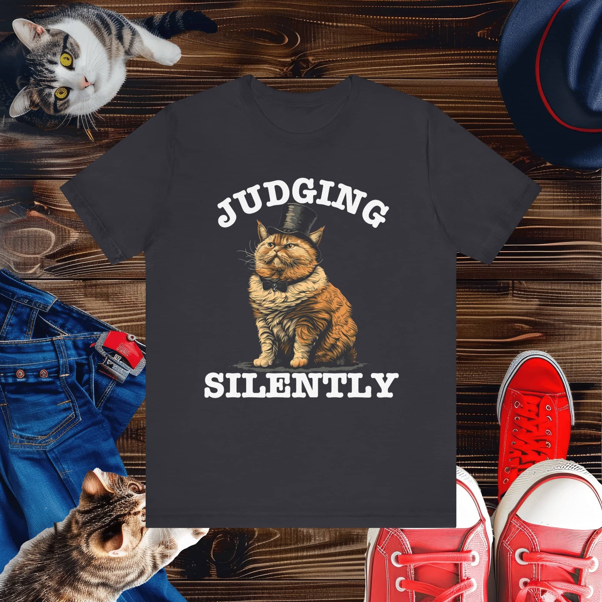 Judging Silently Cat T-Shirt, Whimsical Top Hat Cat Graphic Tee, Humorous Cat Lover Shirt, Unique Gift for Cat Enthusiasts
