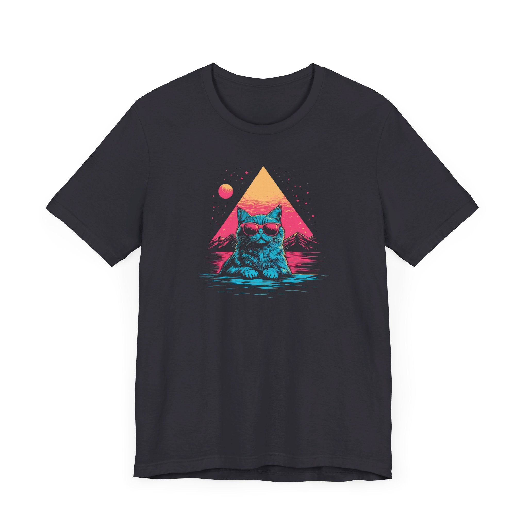 Retro Sunset Cat Graphic Tee – Cool Neon Vibes Cat Lover Shirt