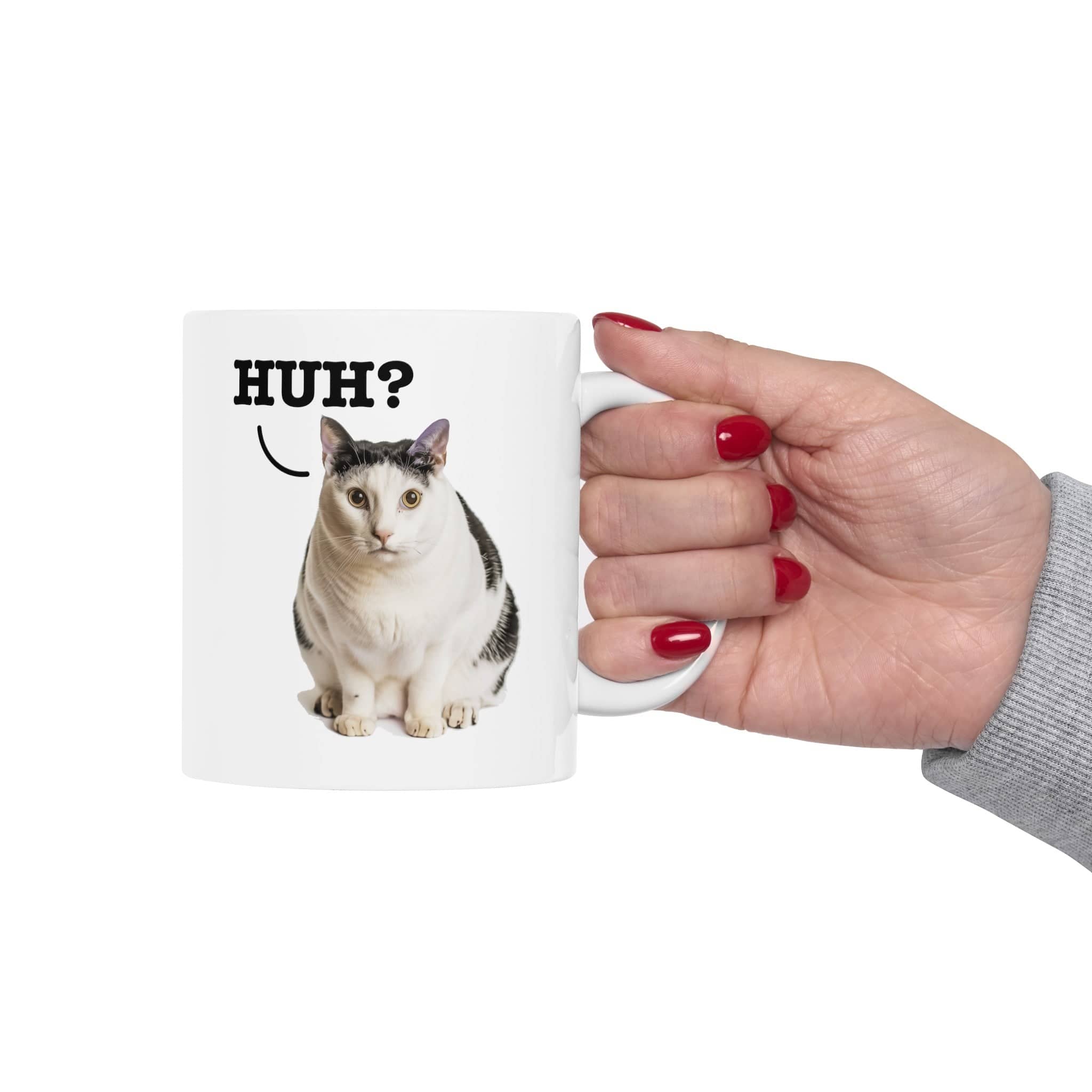 Cute Cat 'Huh?' Meme Coffee Mug - Original Art, Funny Cat Expression Mug, Perfect Gift for Cat Lovers Ceramic Mug, (11oz, 15oz)
