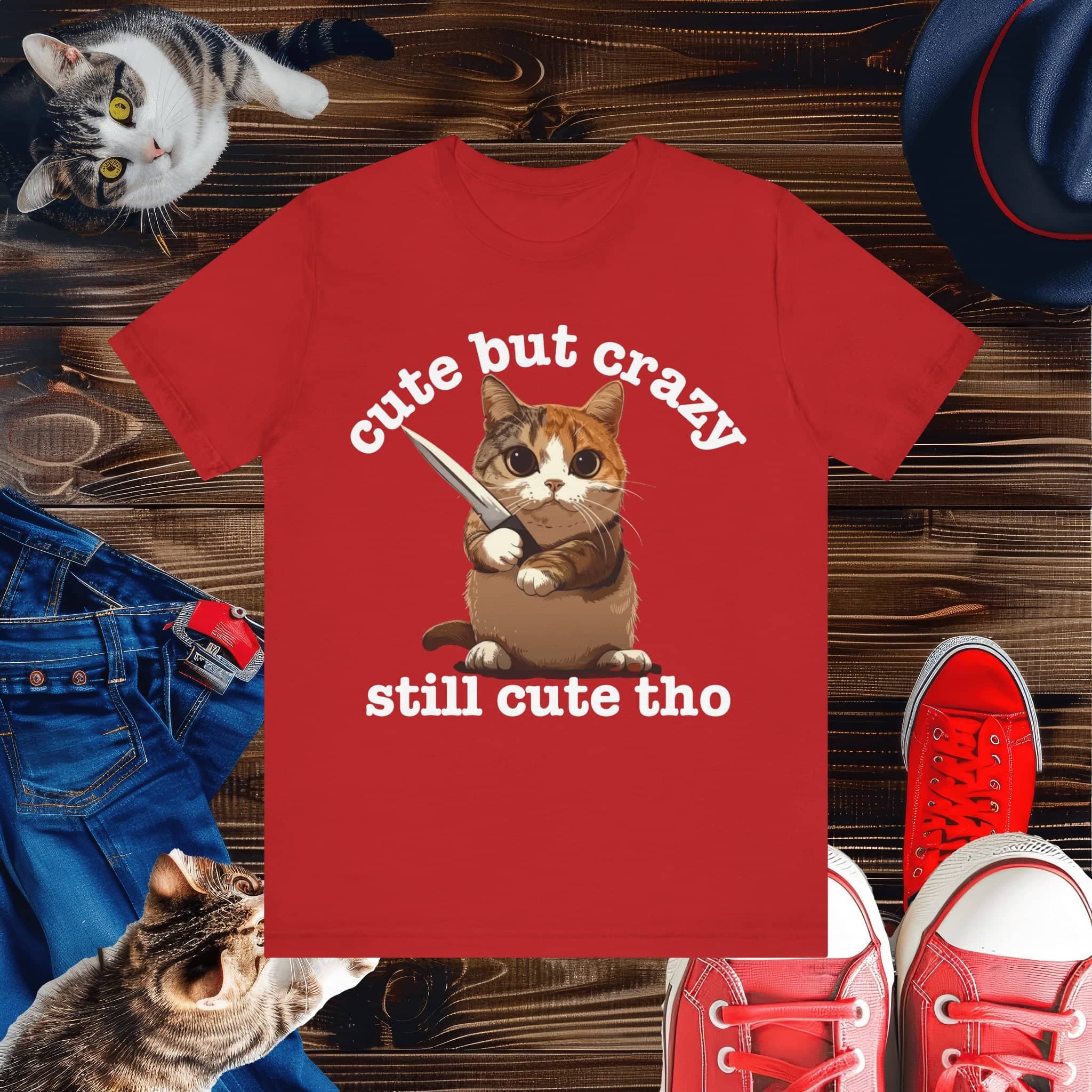 Funny Cat T-Shirt - 'Cute but Crazy, Still Cute Tho' - Whimsical Cat Lover Tee - Perfect Gift for Pet Owners