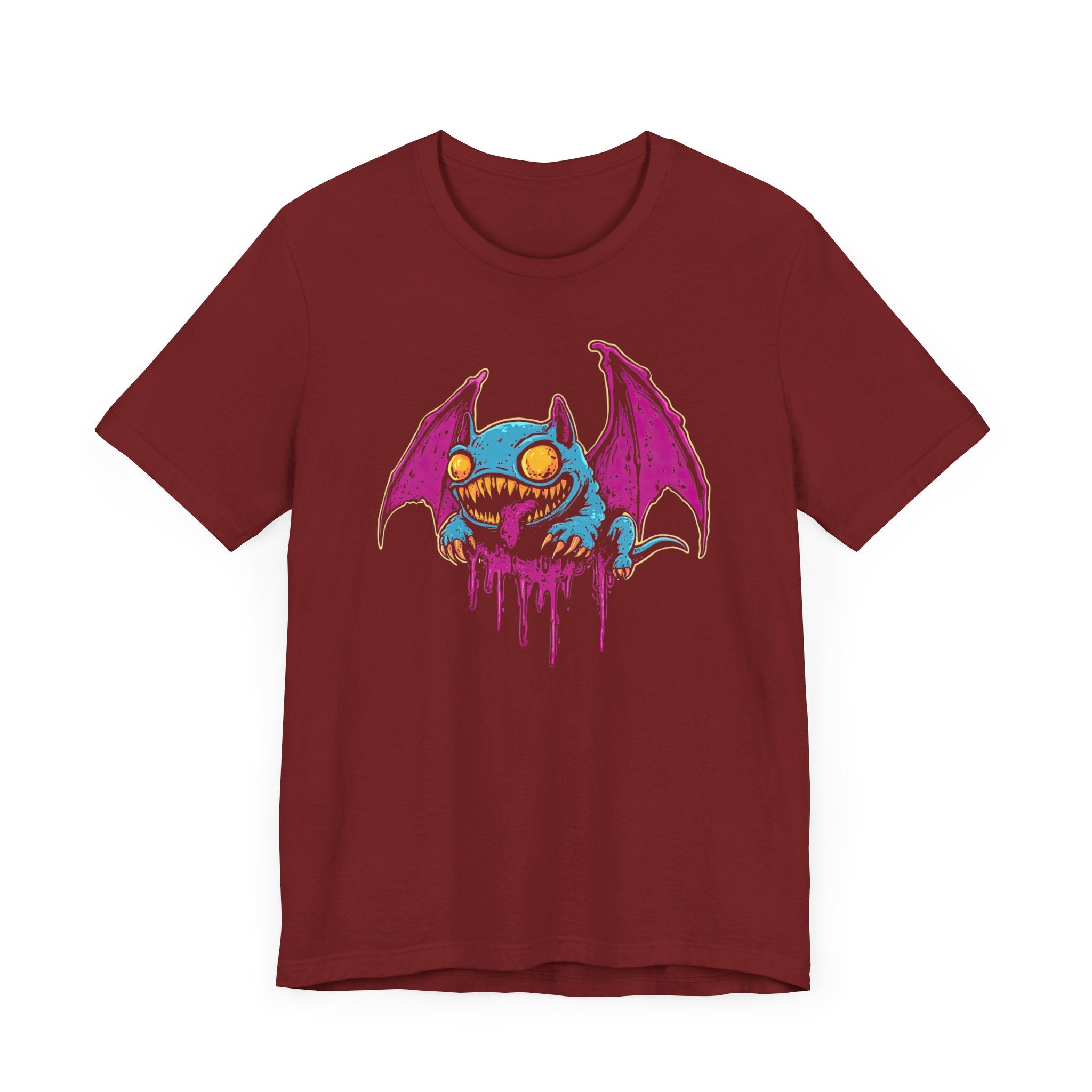 Dripping Neon Bat Creature T-Shirt Vibrant Fantasy Monster Graphic Tee