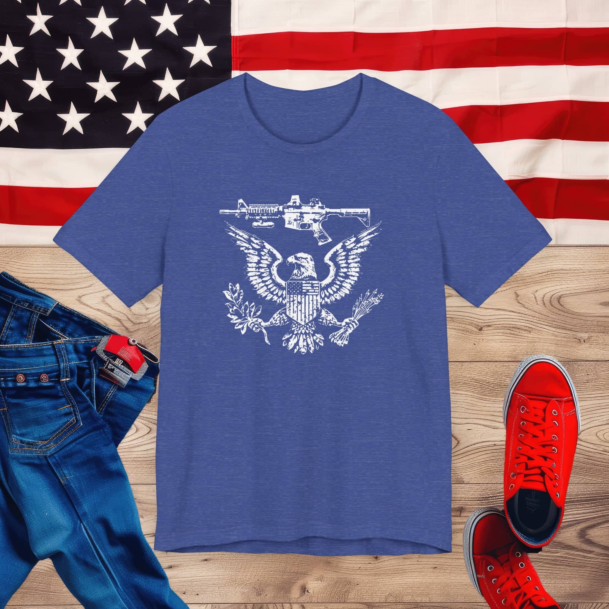 Patriotic Eagle and Rifle T-Shirt, American Flag Inspired Military Graphic Tee, Bold Eagle & Rifle Design, Proud USA Themed Apparel Unisex Jersey Short Sleeve Tee