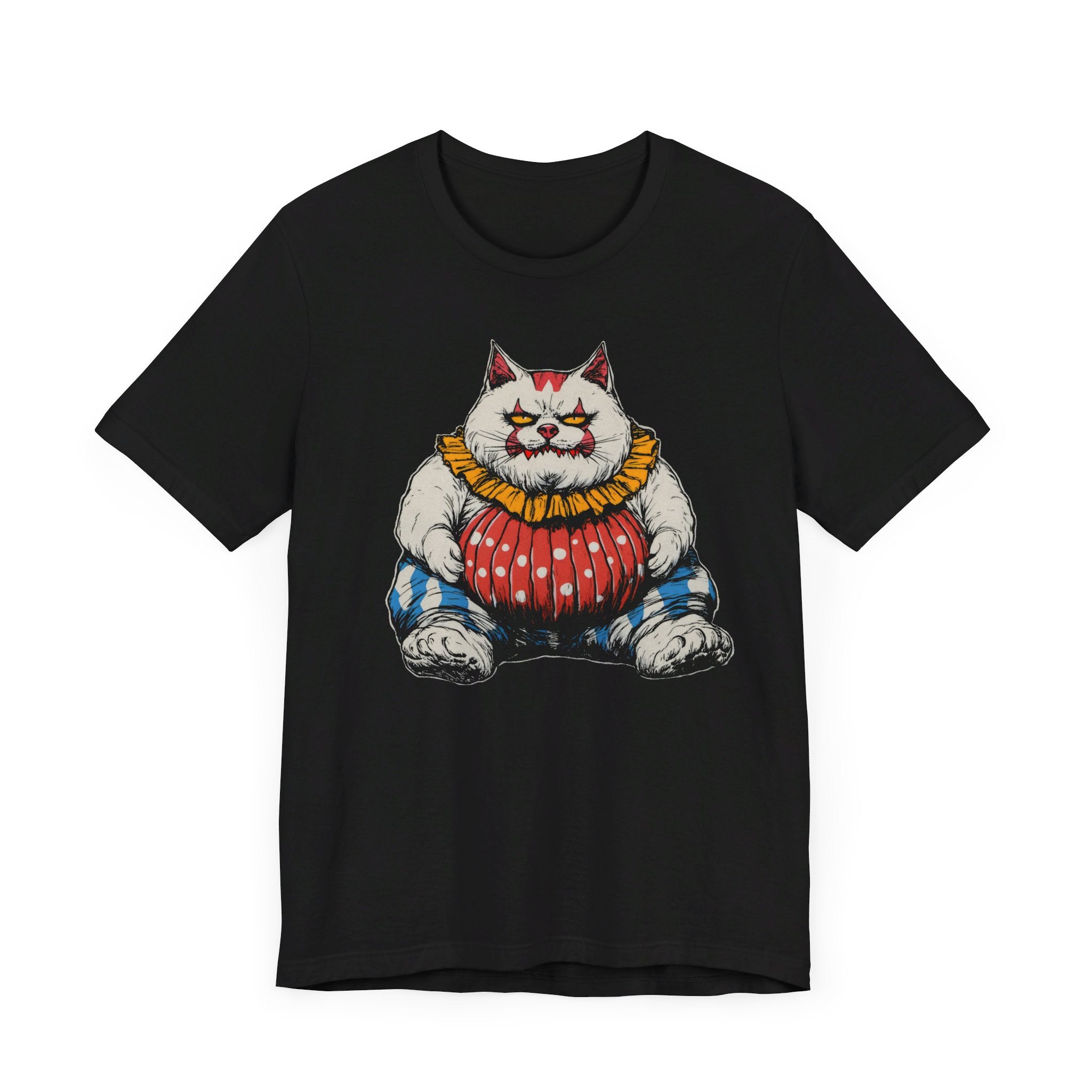 Clown Cat T-Shirt - Playful White Cat in Colorful Costume