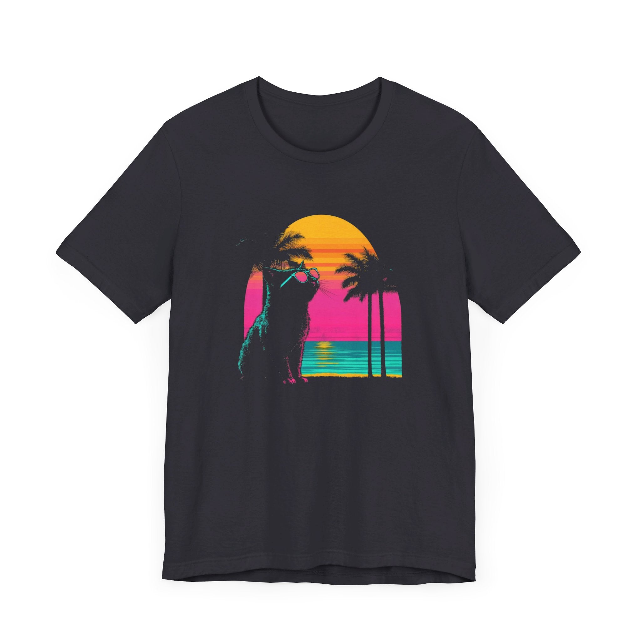 Retro Sunset Cat T-Shirt - Neon Summer Vibes Graphic Tee