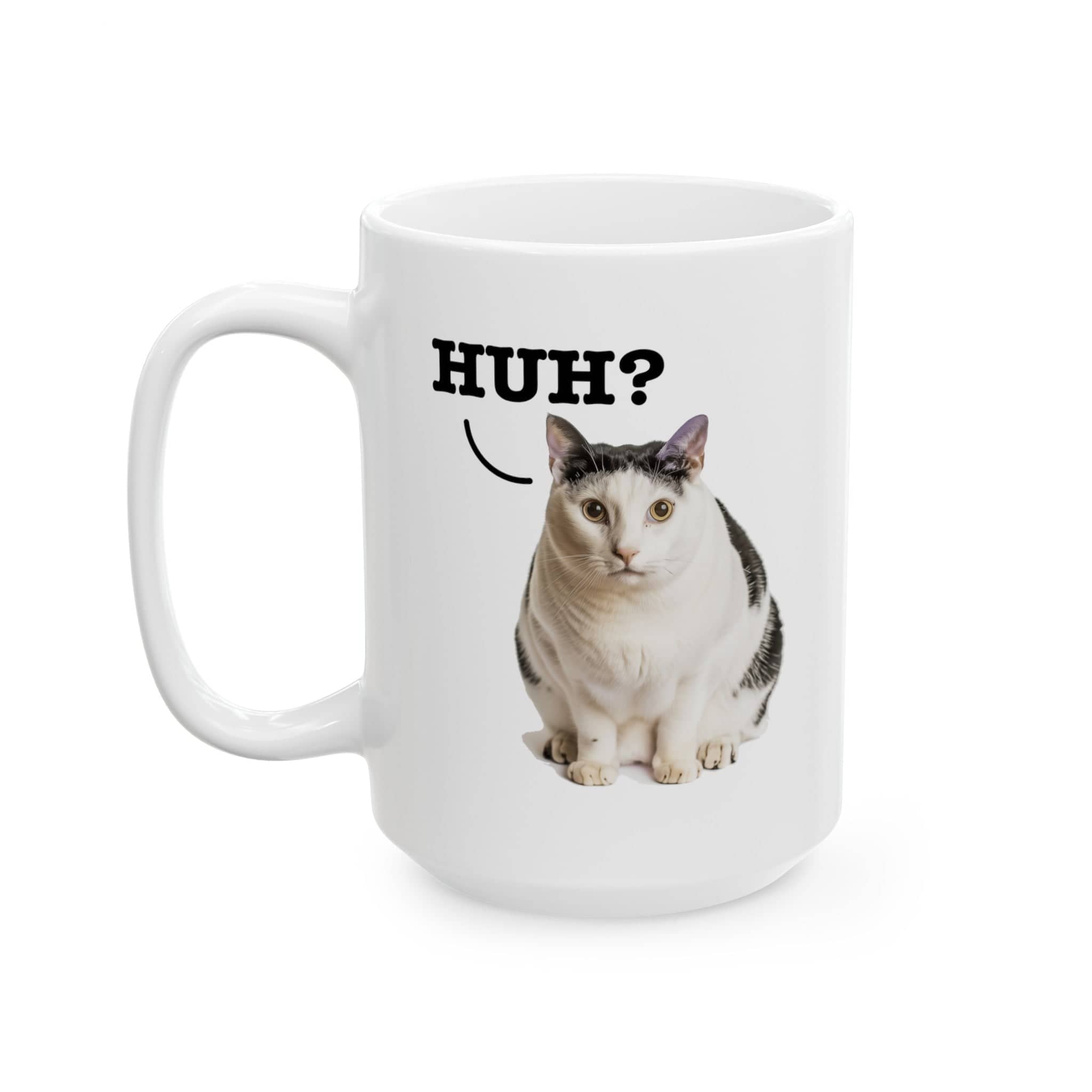 Cute Cat 'Huh?' Meme Coffee Mug - Original Art, Funny Cat Expression Mug, Perfect Gift for Cat Lovers Ceramic Mug, (11oz, 15oz)