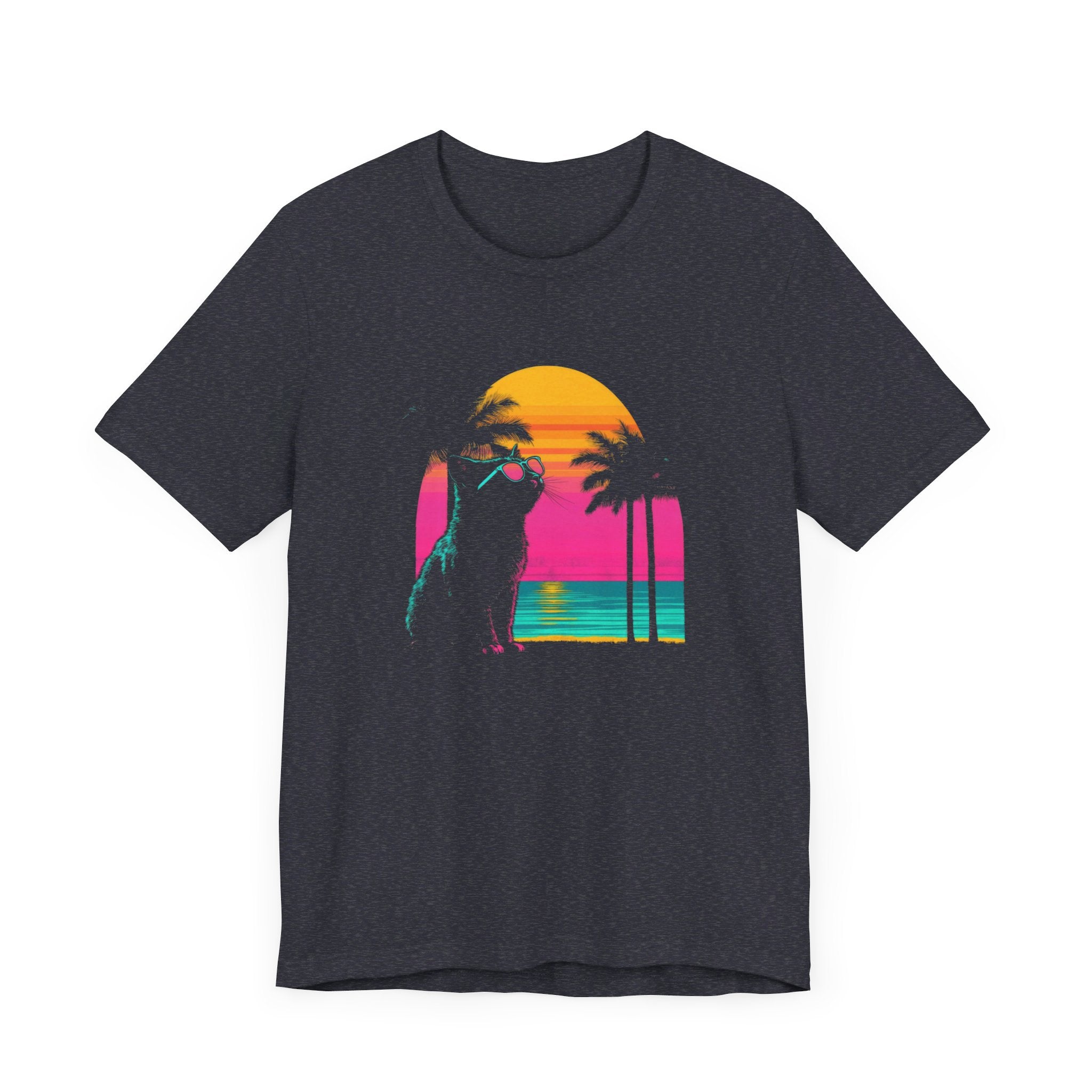 Retro Sunset Cat T-Shirt - Neon Summer Vibes Graphic Tee