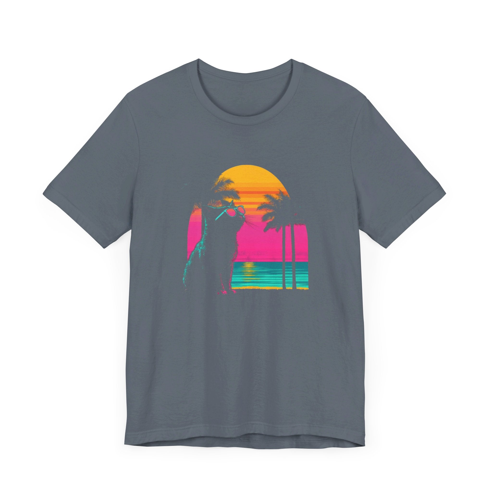 Retro Sunset Cat T-Shirt - Neon Summer Vibes Graphic Tee