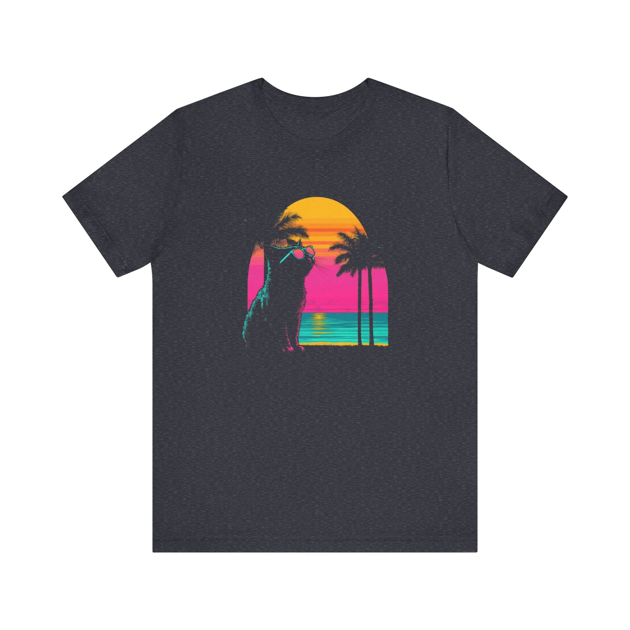 Retro Sunset Cat T-Shirt - Neon Summer Vibes Graphic Tee