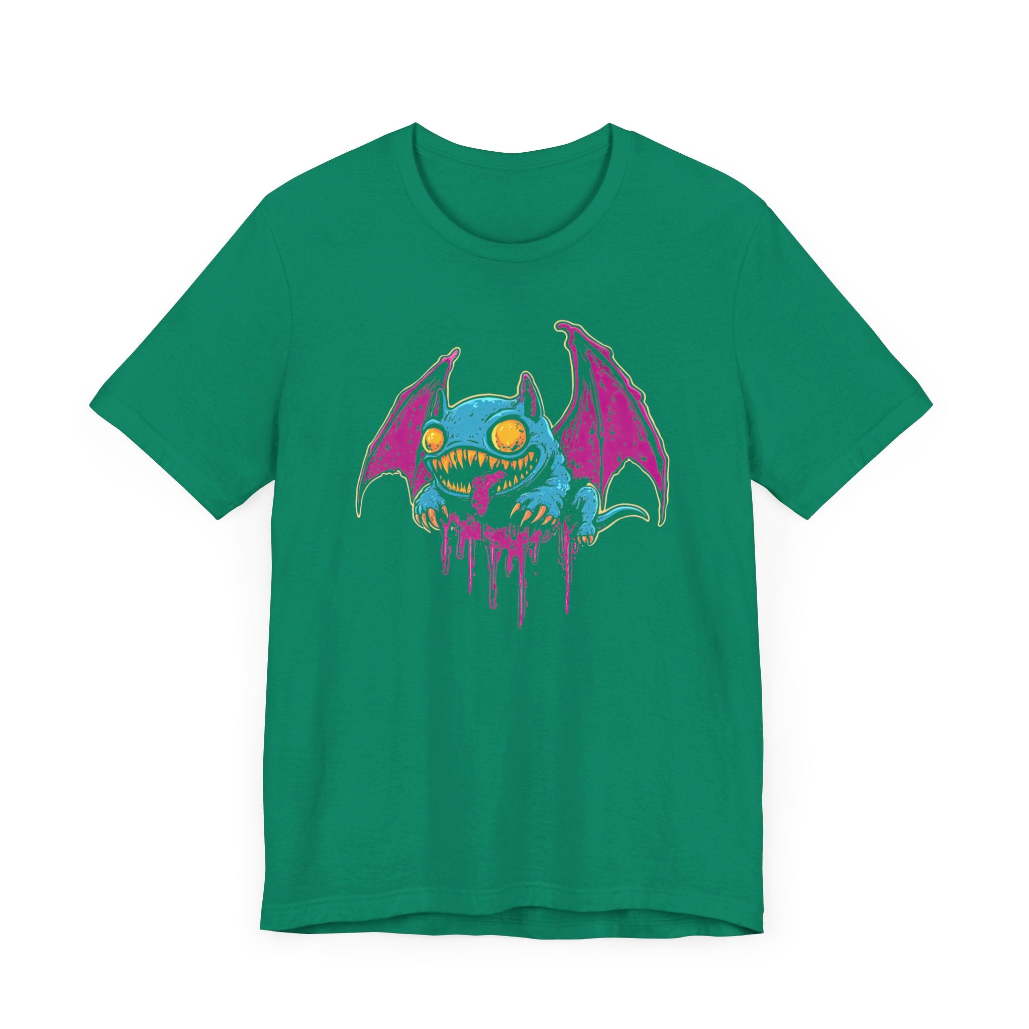 Dripping Neon Bat Creature T-Shirt Vibrant Fantasy Monster Graphic Tee