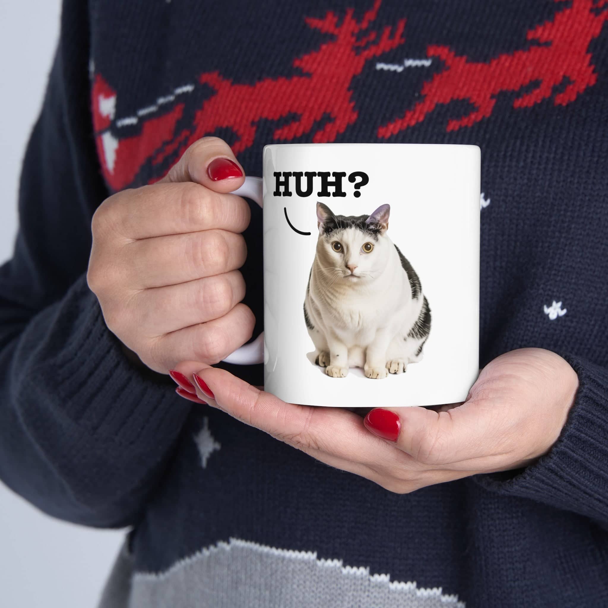 Cute Cat 'Huh?' Meme Coffee Mug - Original Art, Funny Cat Expression Mug, Perfect Gift for Cat Lovers Ceramic Mug, (11oz, 15oz)
