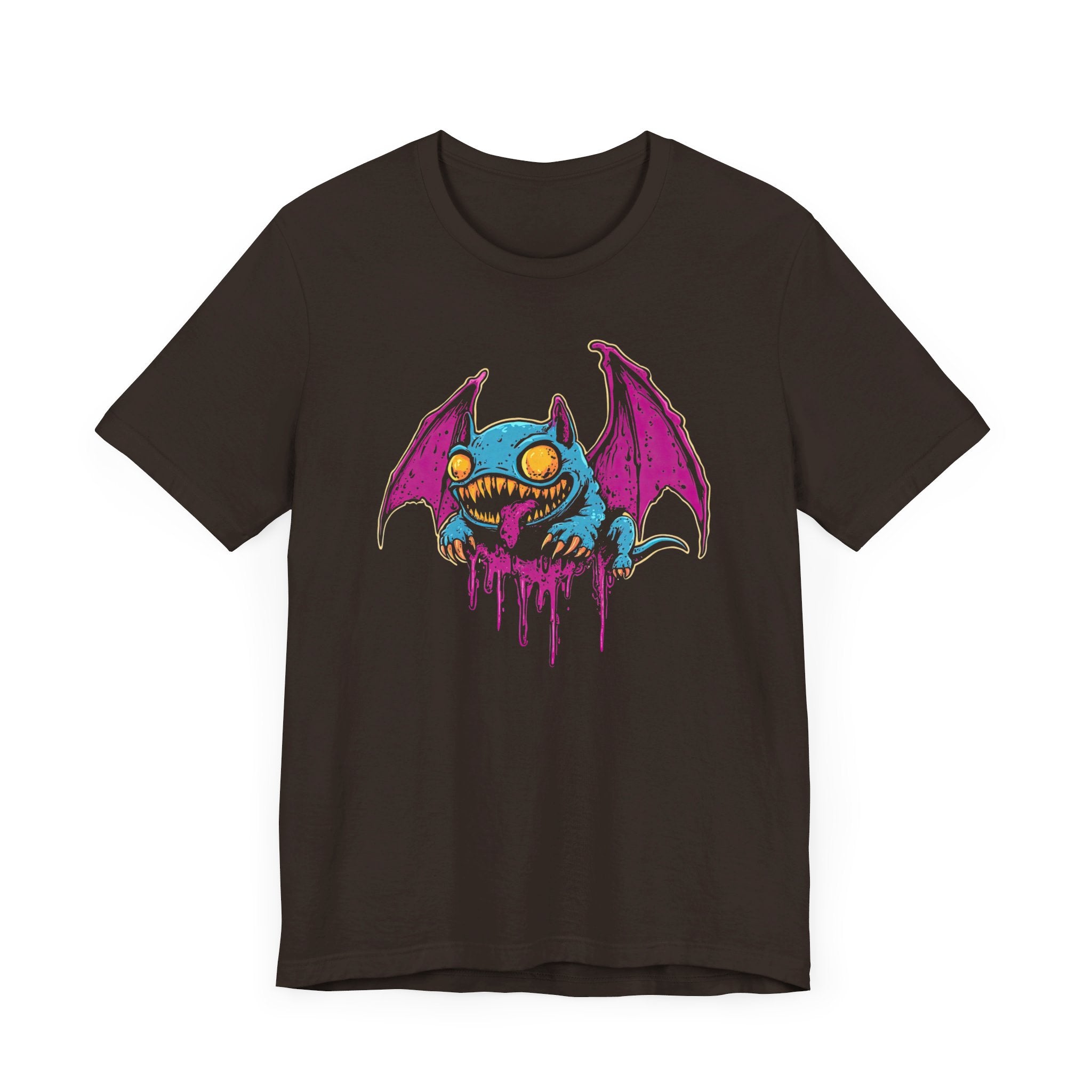 Dripping Neon Bat Creature T-Shirt Vibrant Fantasy Monster Graphic Tee