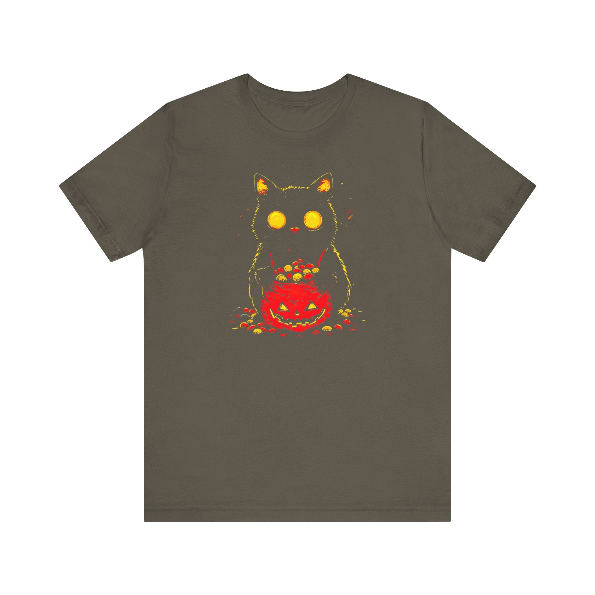 Halloween Black Cat Graphic Tee – Spooky Pumpkin Candy Design Shirt