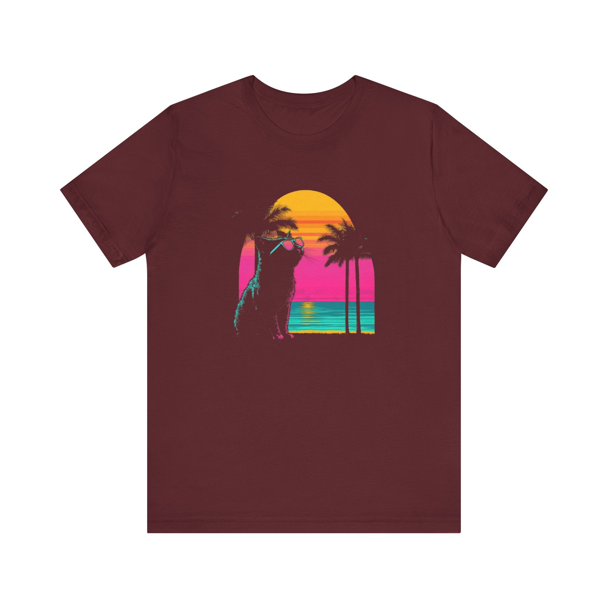 Retro Sunset Cat T-Shirt - Neon Summer Vibes Graphic Tee