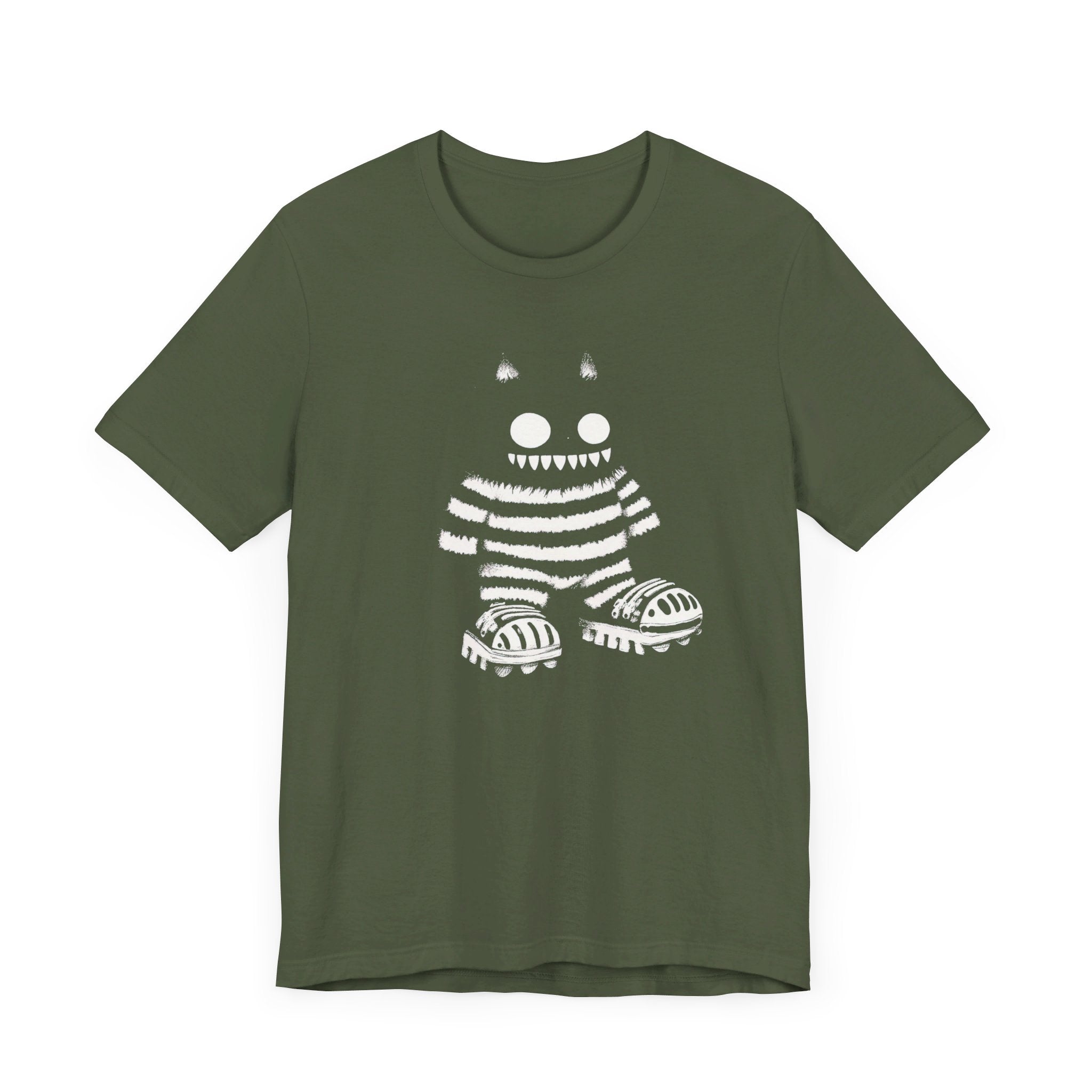 Striped Cat Monster Graphic Tee – Playful and Edgy Creature Design Shirt