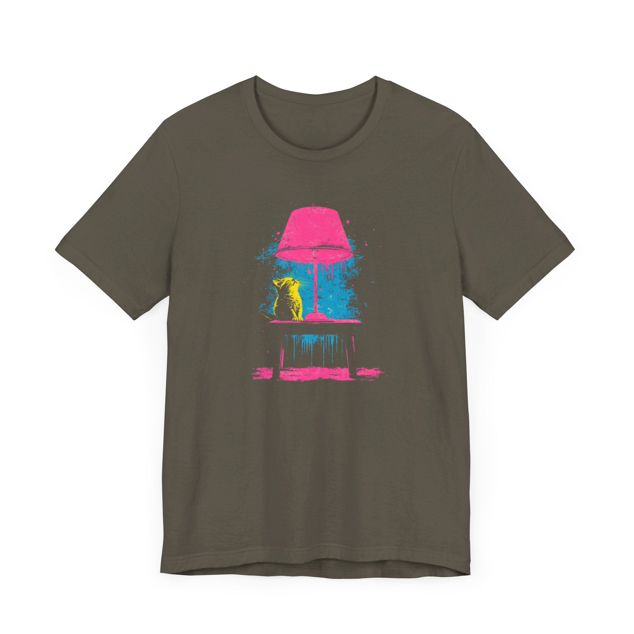 Retro Neon Cat and Lamp T-Shirt - Vibrant Pop Art Style Graphic Tee